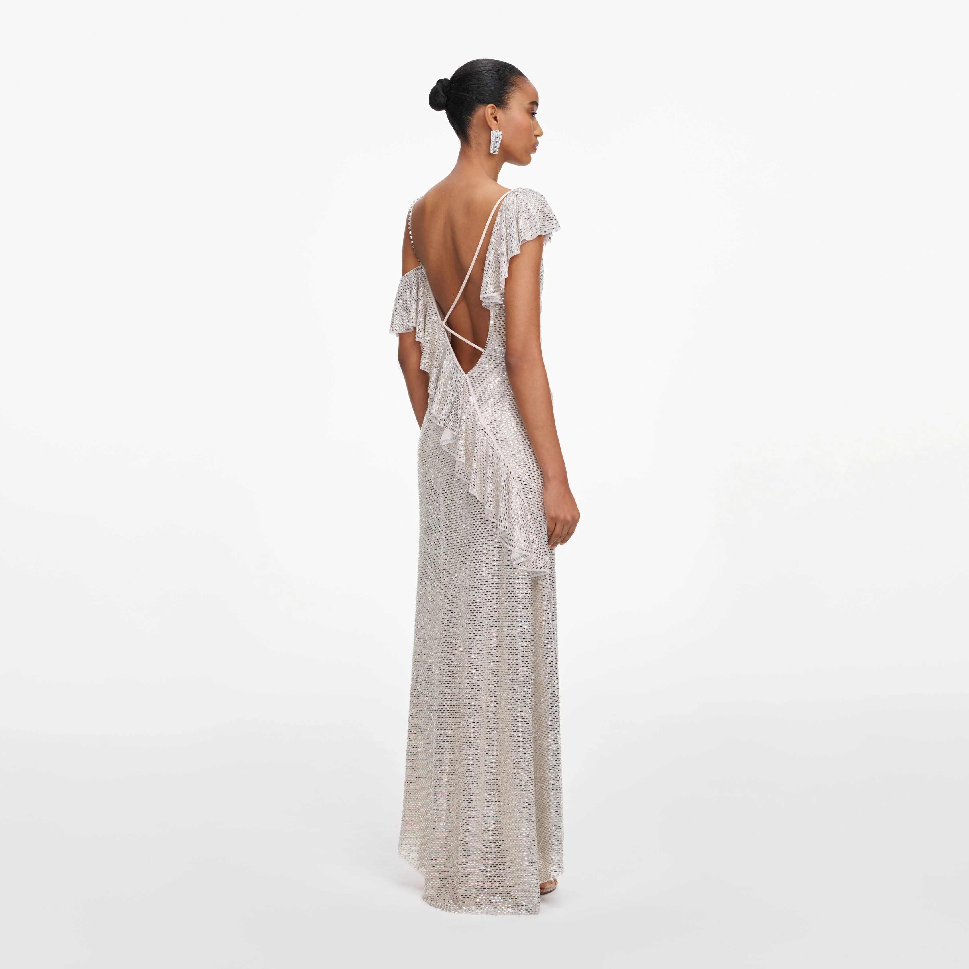 Champagne Rhinestone Ruffle Draped Maxi Dress - Image 3