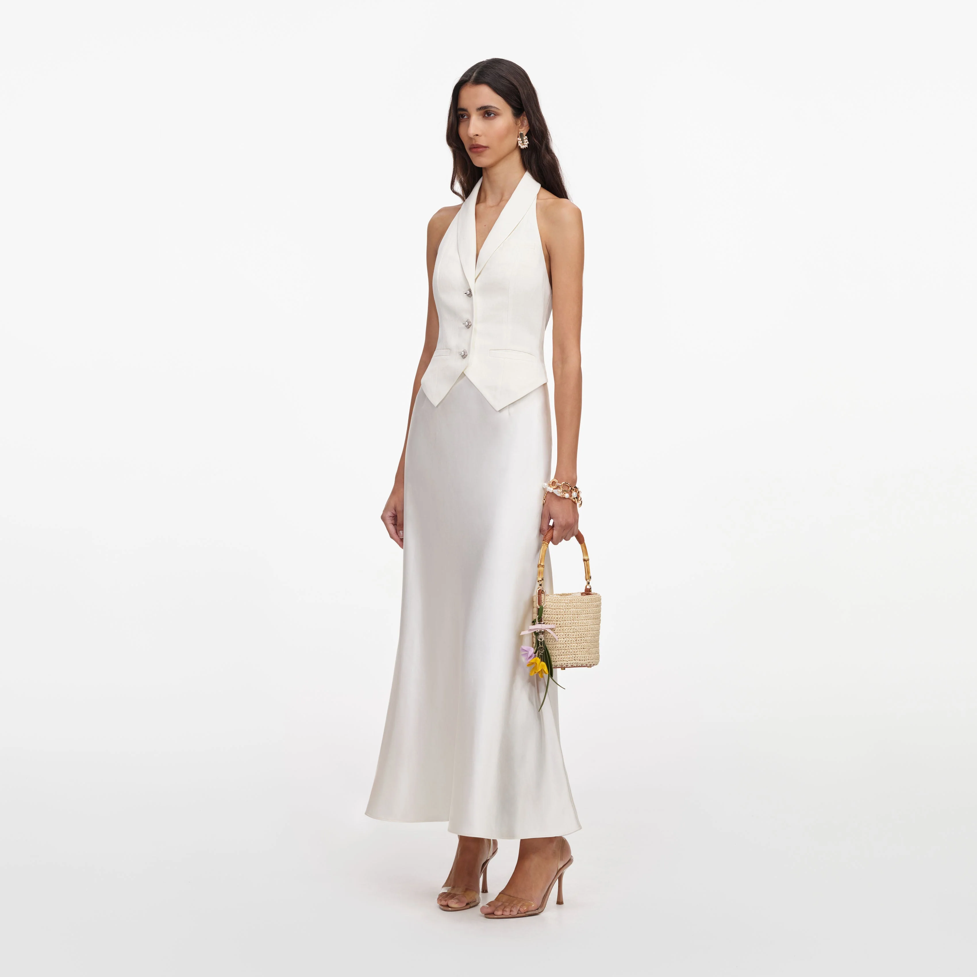 Cream Linen Blend Satin Midi Dress - Image 2