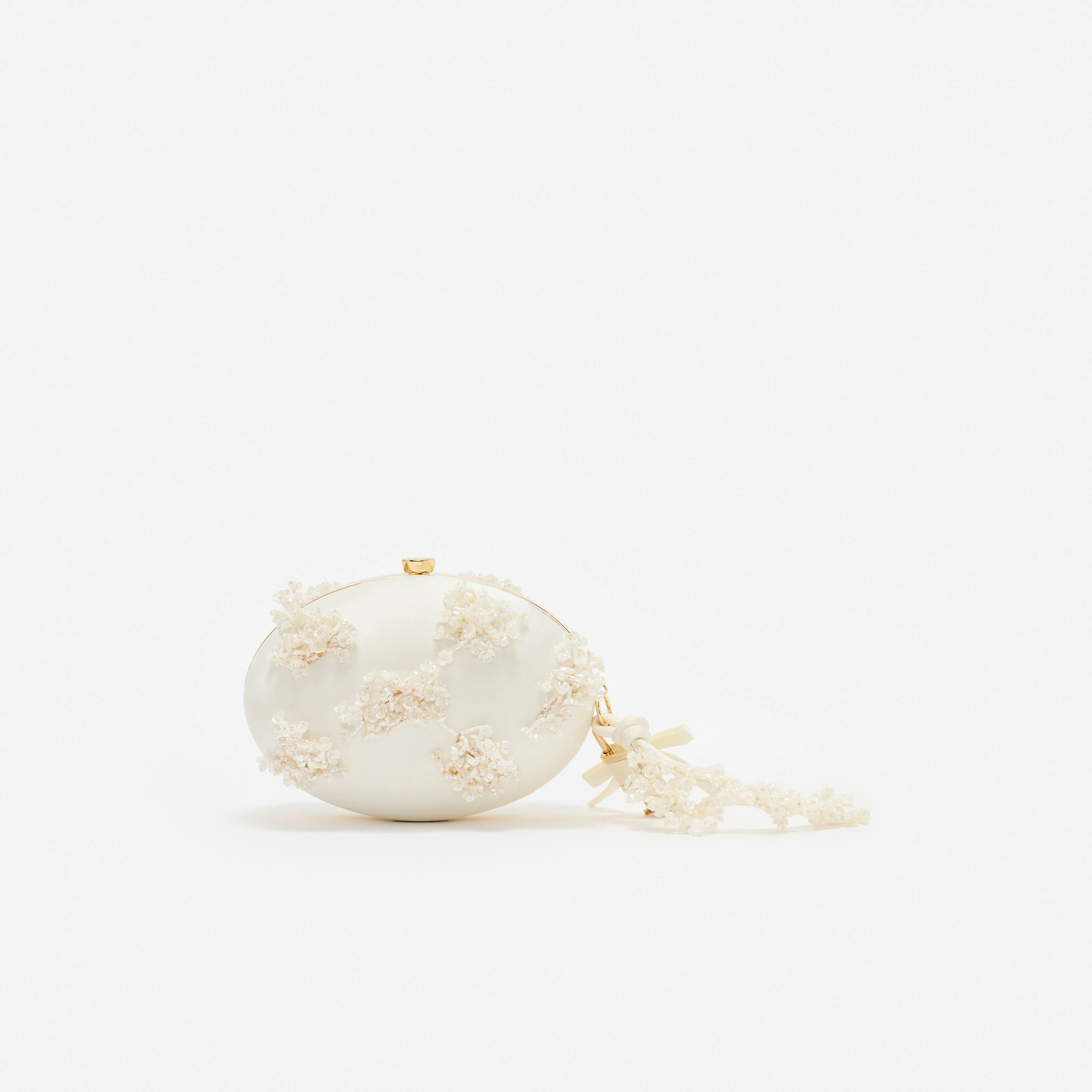 Cream Satin Floral Beaded Oval Clutch - Image 3