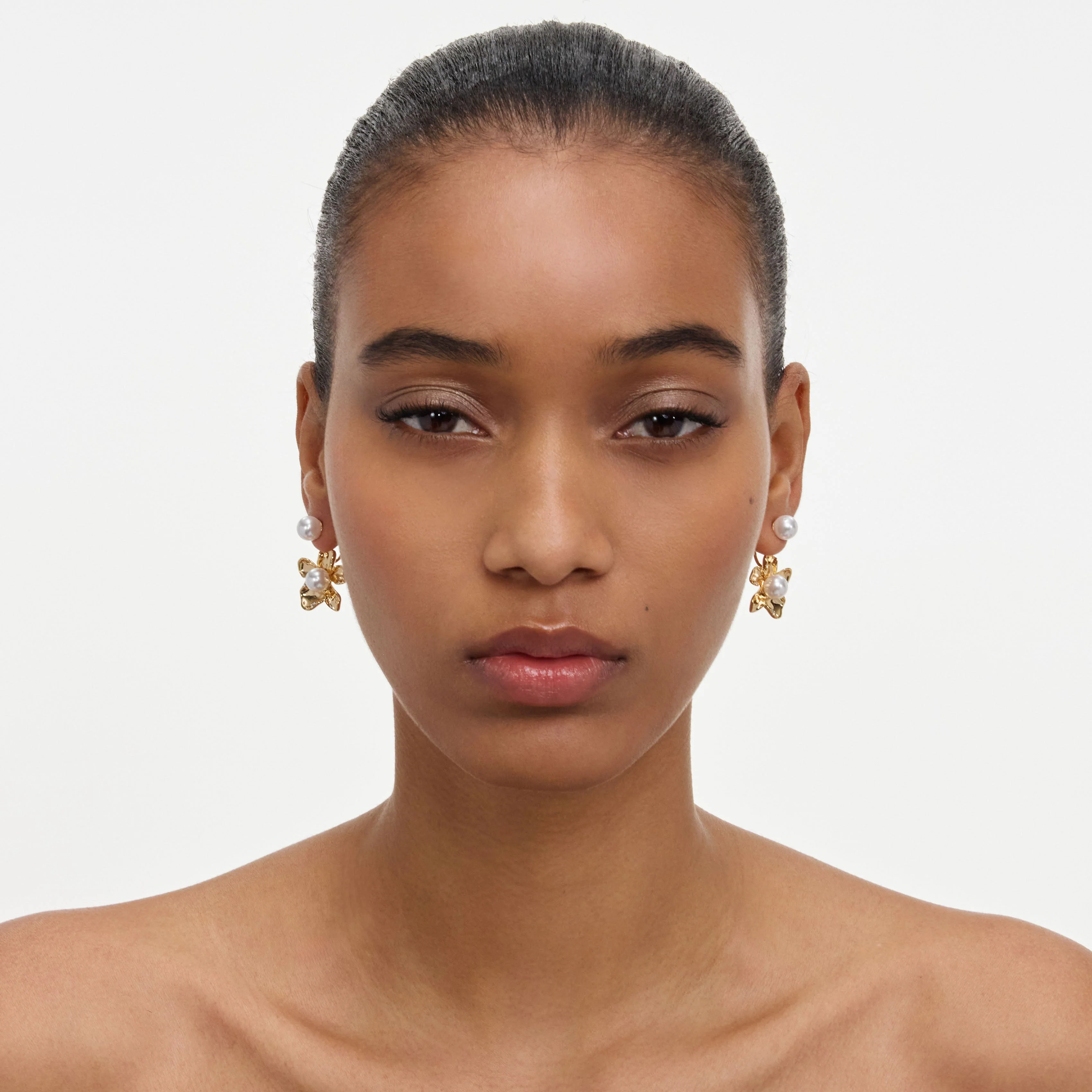 Gold Flower Pearl Jacket Earrings - Image 4