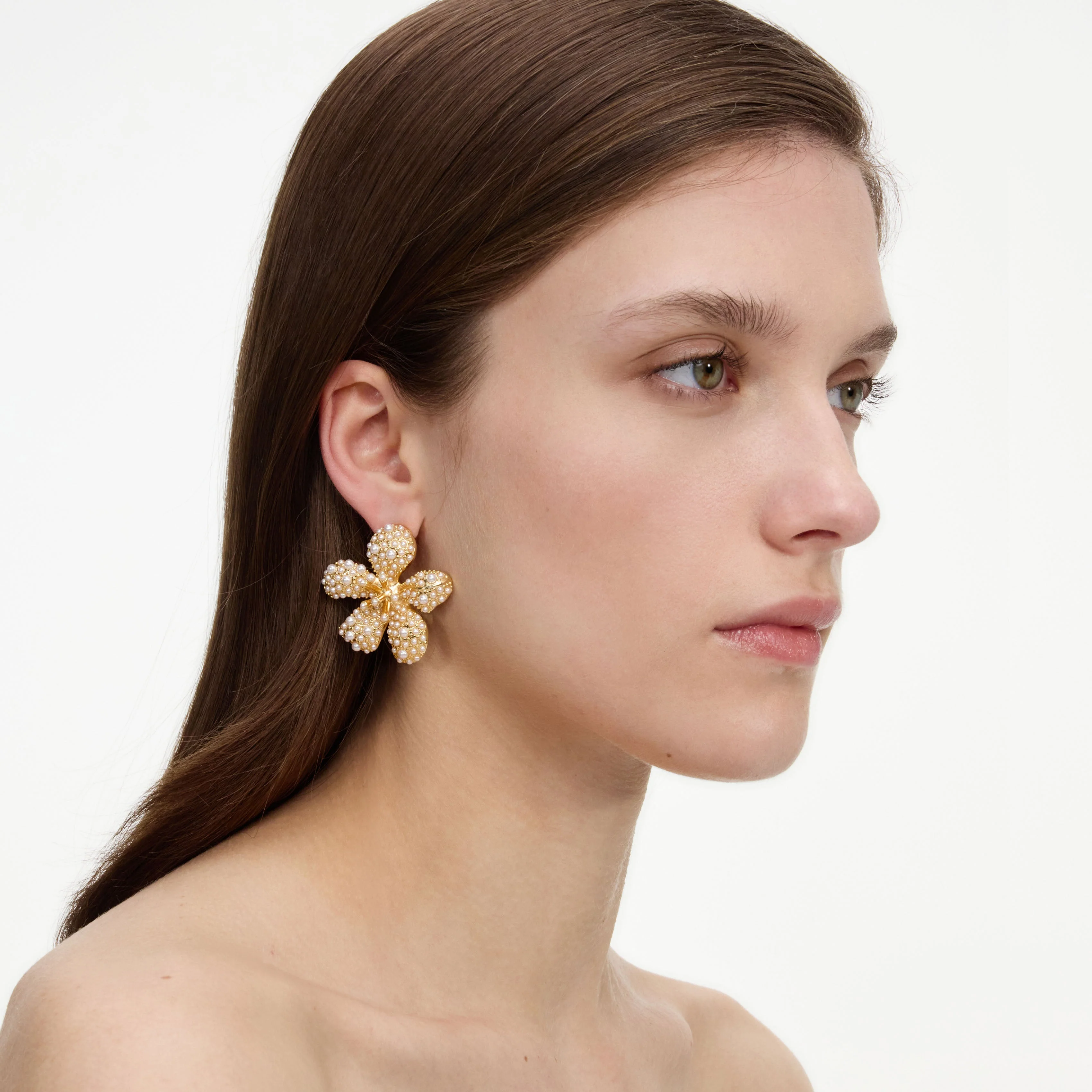 Gold Pearl Encrusted Flower Earrings - Image 2