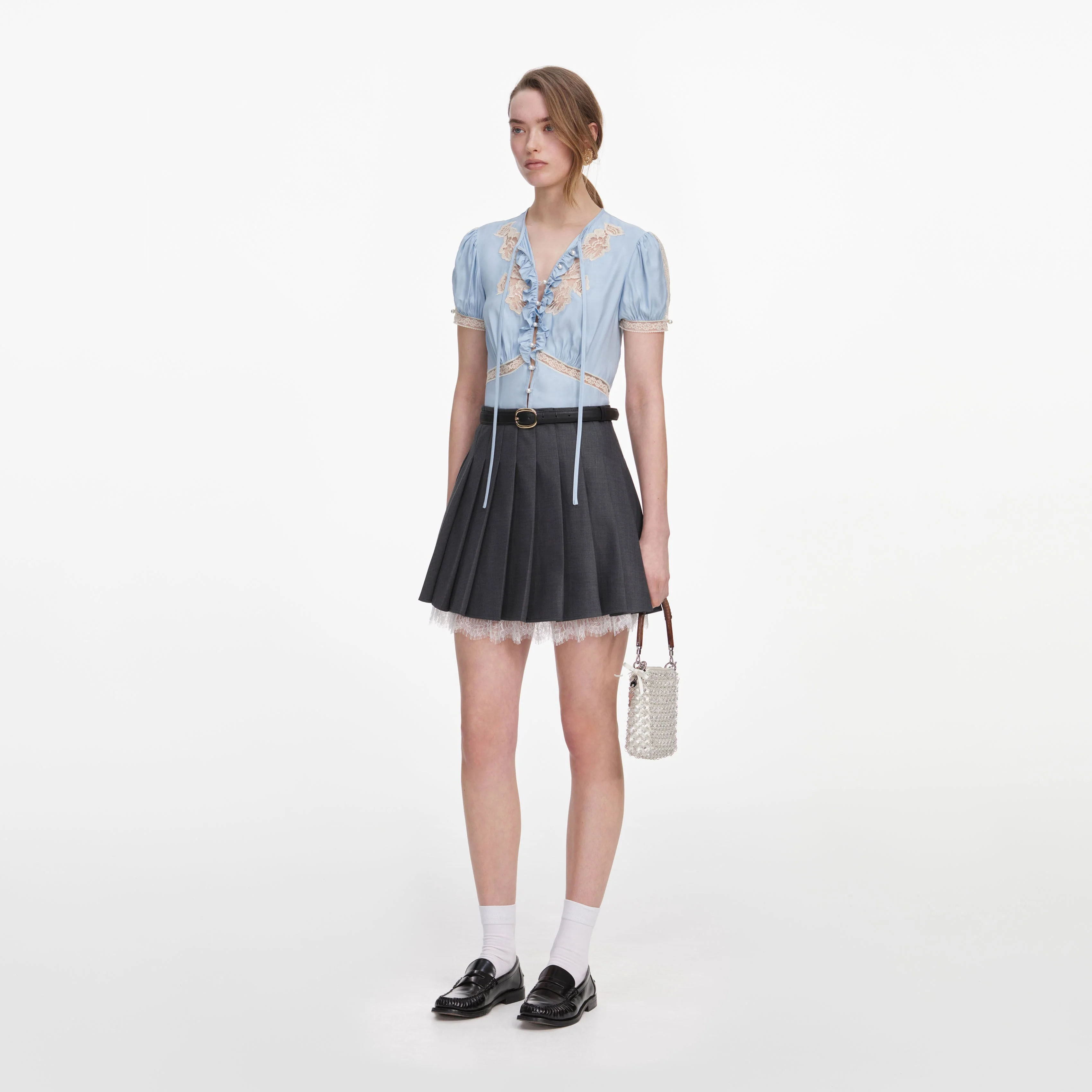 Grey Pleated Mini Skirt - Image 2