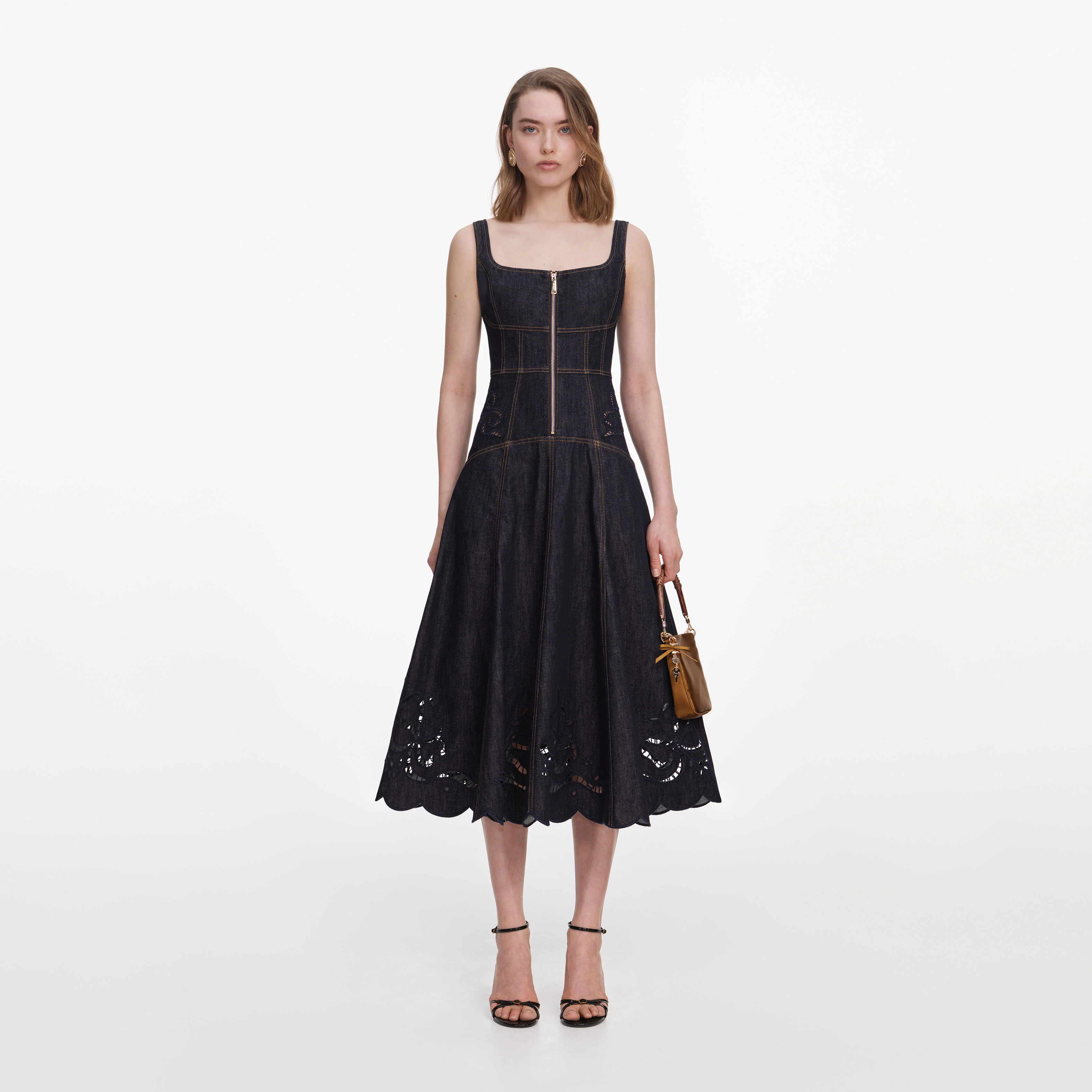 Indigo Denim Bow Embroidered Midi Dress