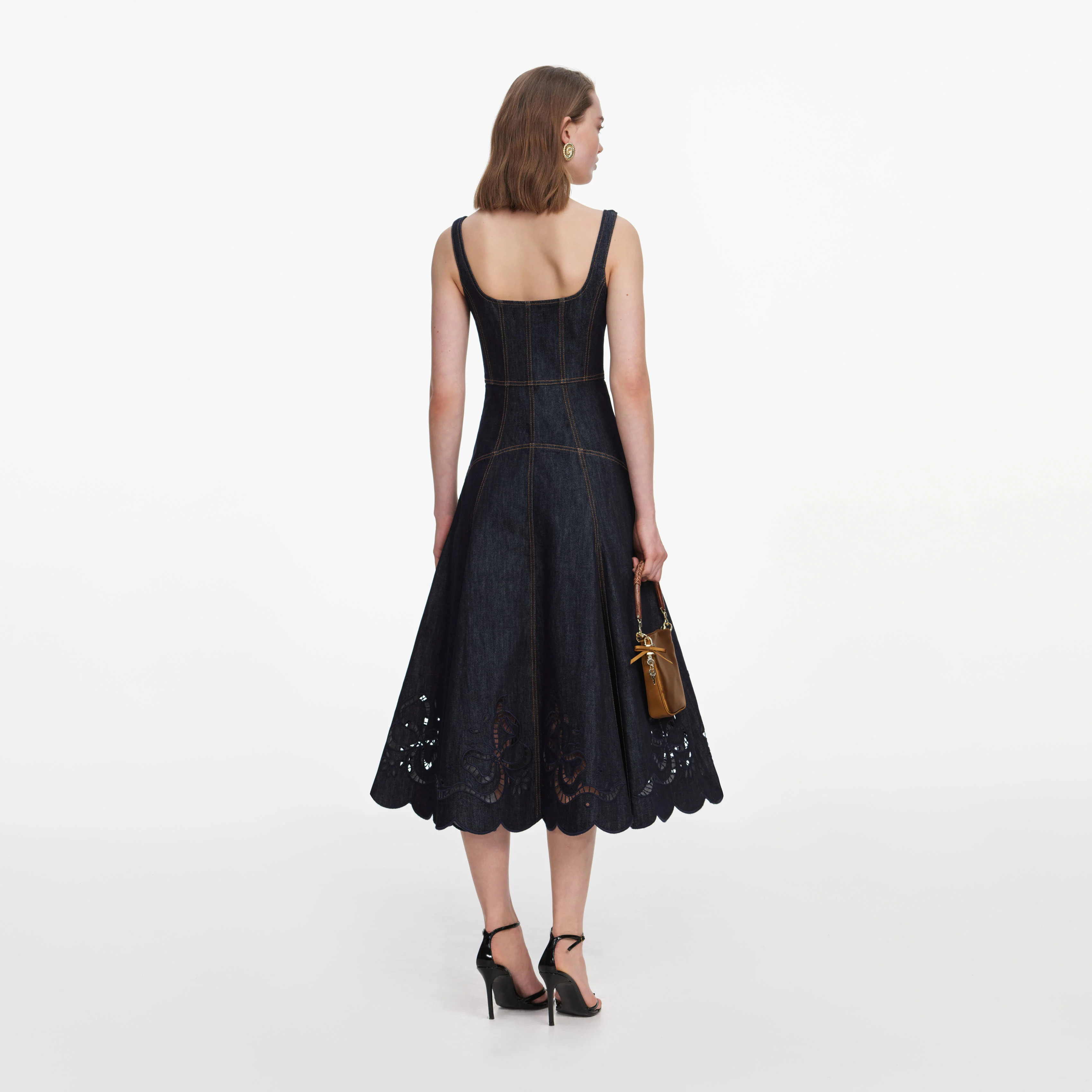 Indigo Denim Bow Embroidered Midi Dress - Image 3