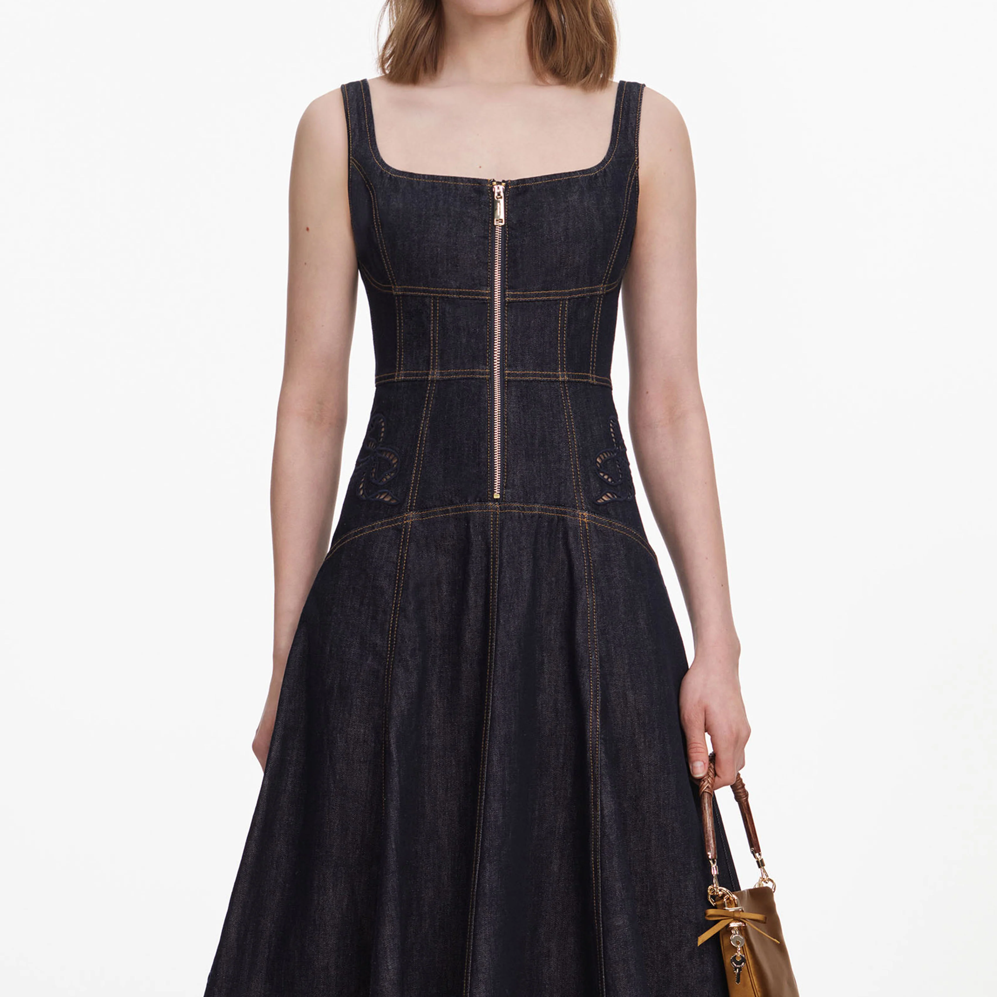 Indigo Denim Bow Embroidered Midi Dress - Image 4