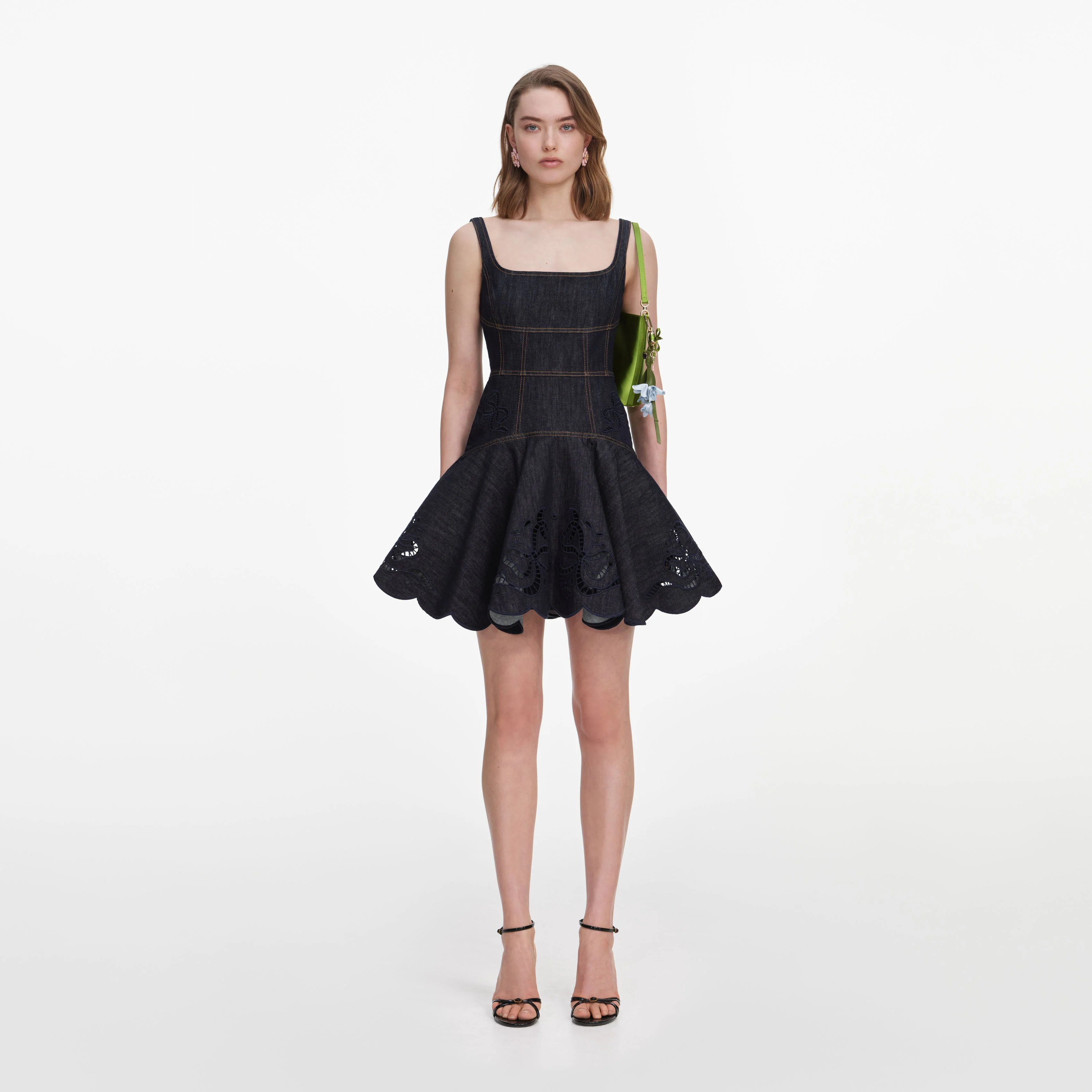 Indigo Denim Bow Embroidered Mini Dress