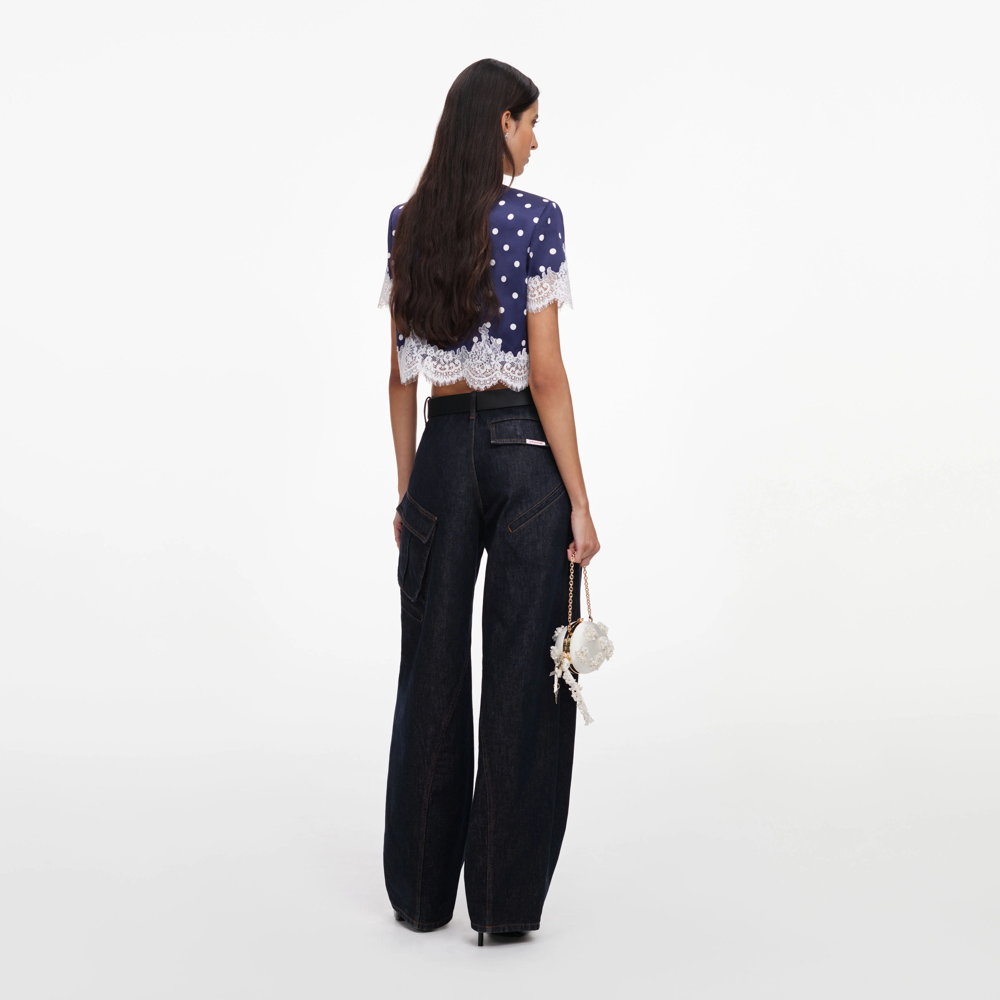 Navy Polka Dot Satin Top - Image 3