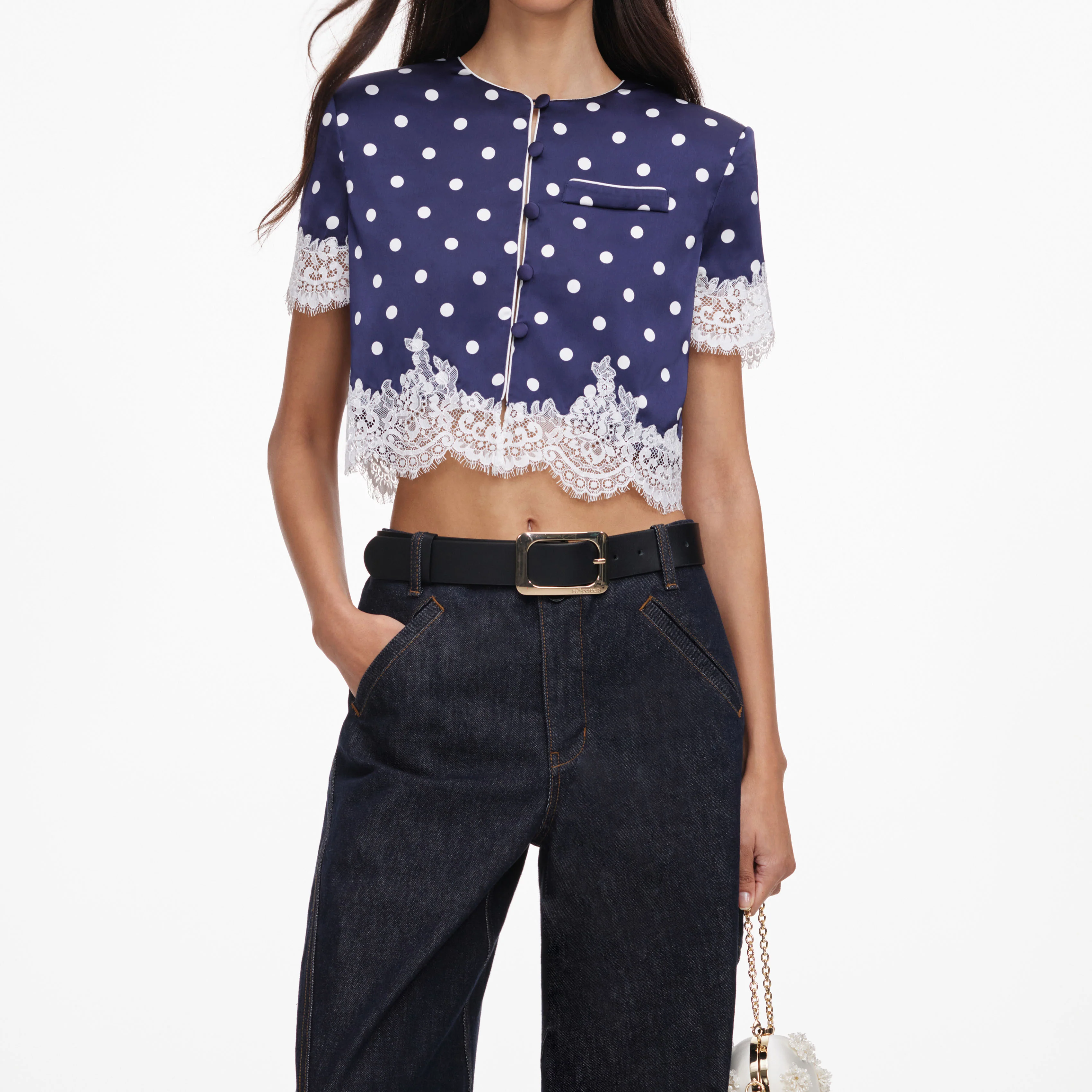 Navy Polka Dot Satin Top - Image 4