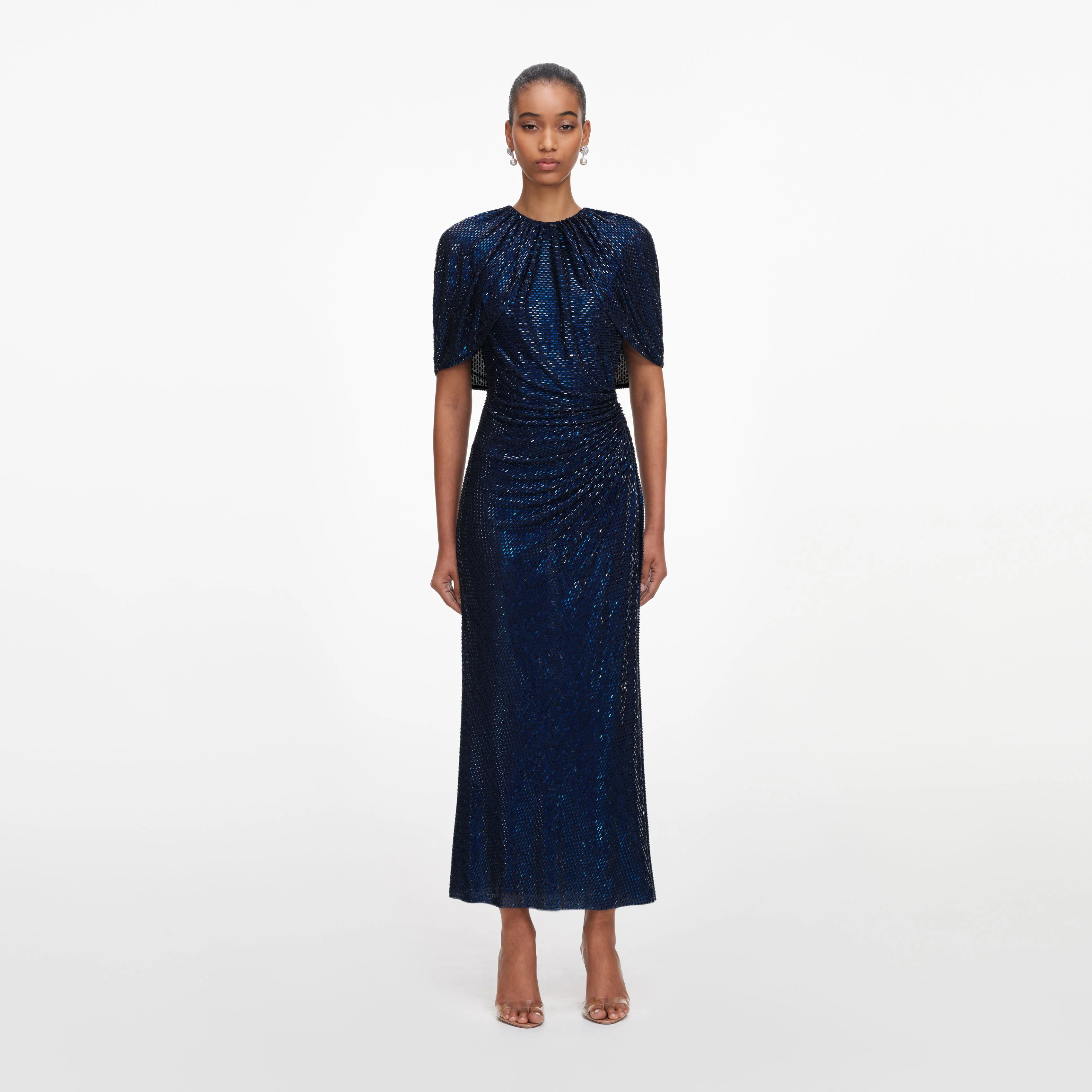 Navy Rhinestone Cape Sleeve Midi Dress