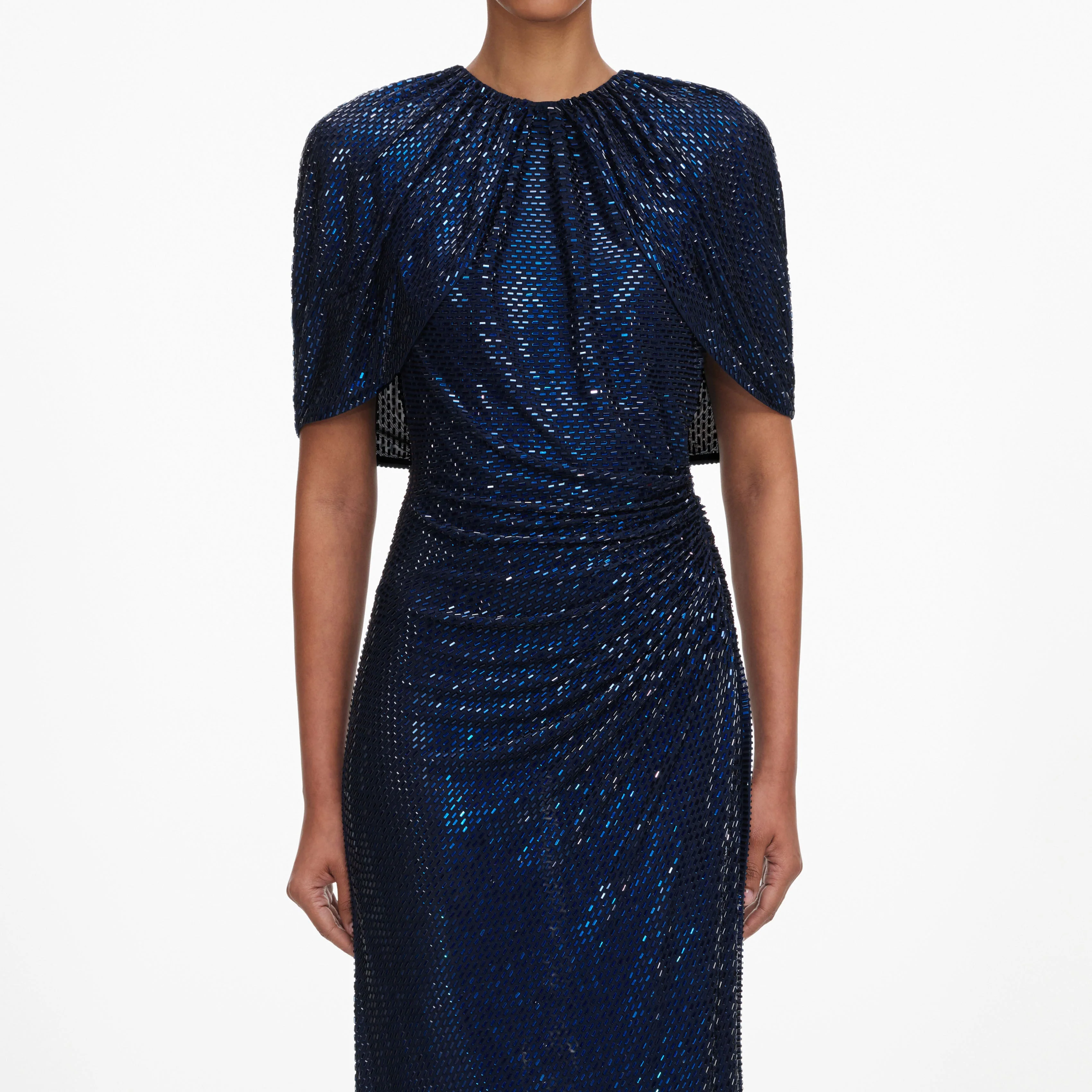 Navy Rhinestone Cape Sleeve Midi Dress - Image 4