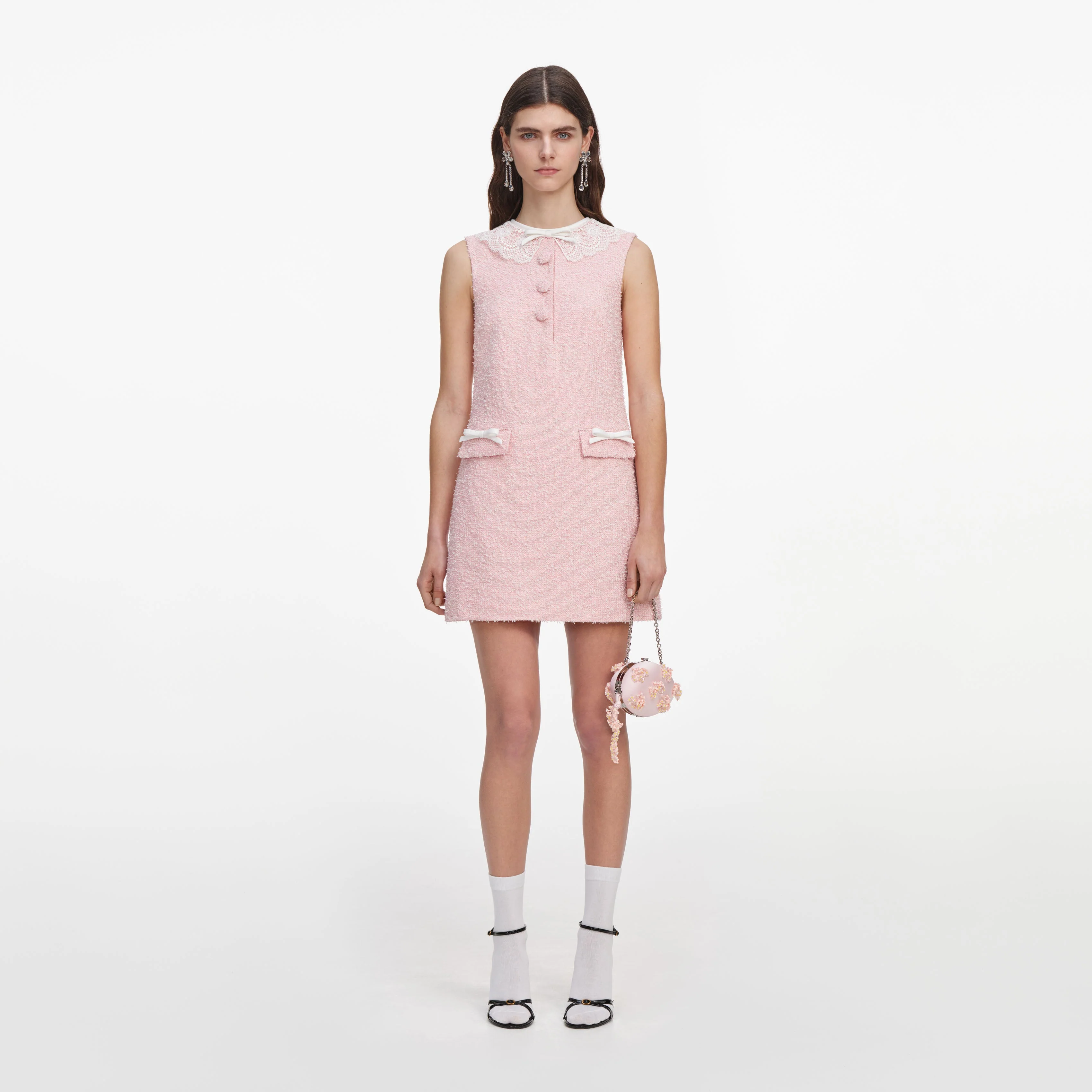 Pink Boucle Lace Collar Mini Dress