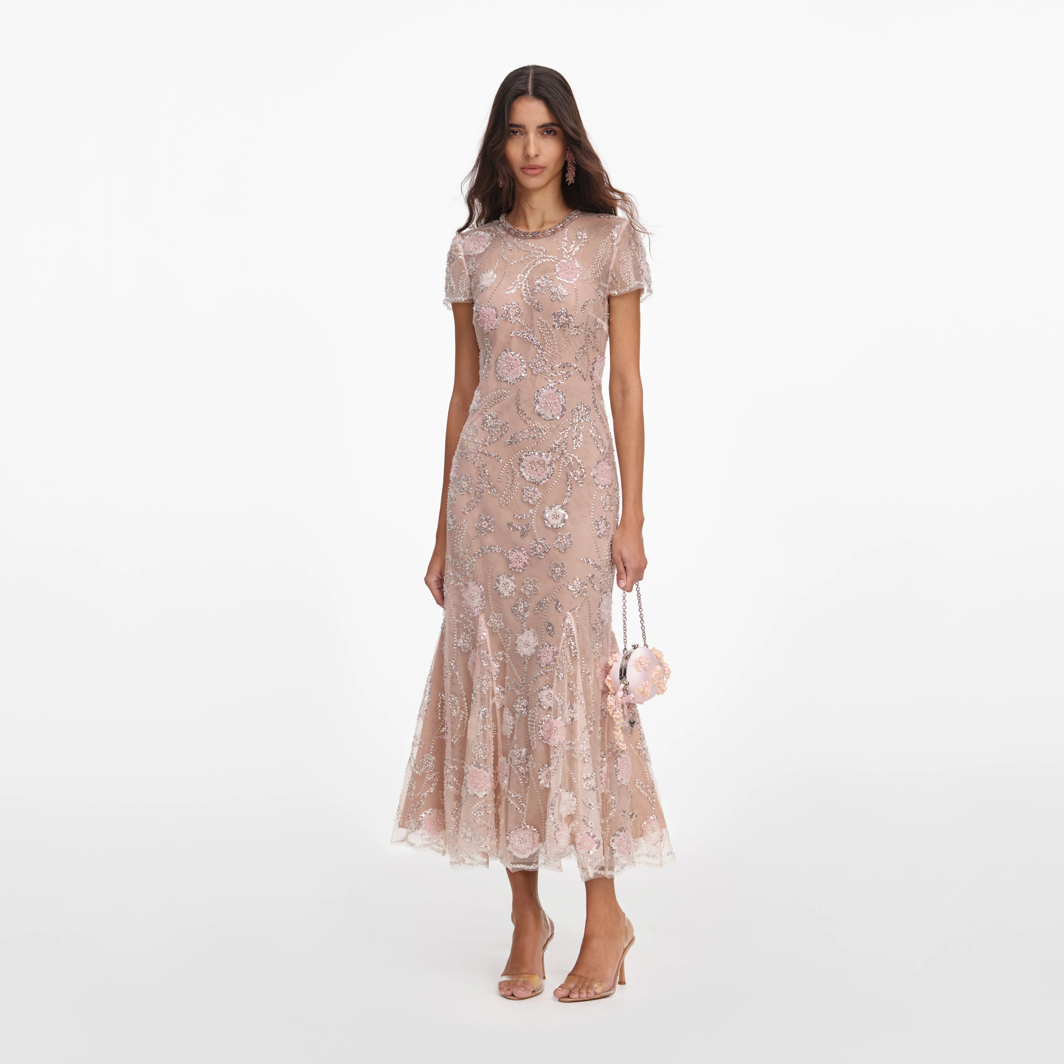 Pink Flower Sequin Embellished Midi Dress - Image 2