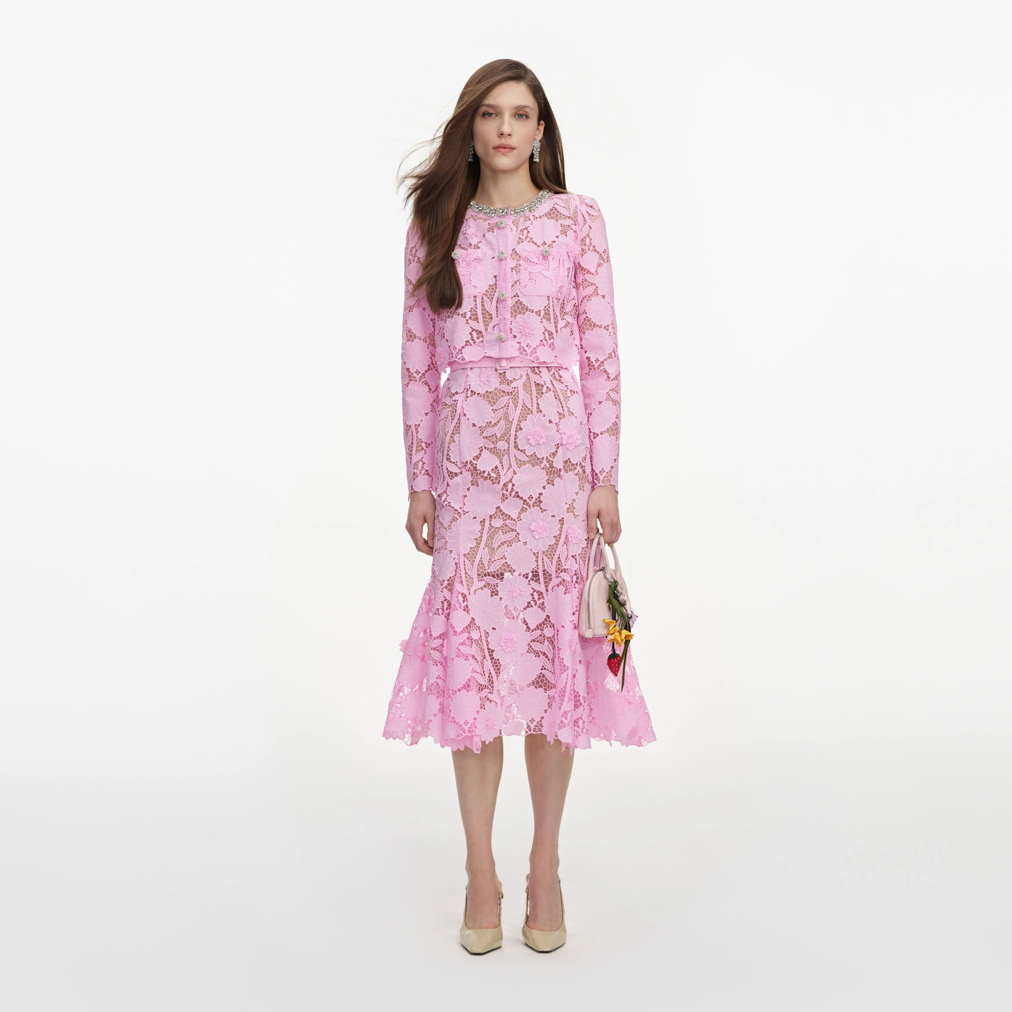 Pink Lace Crystal Embellished Midi Dress