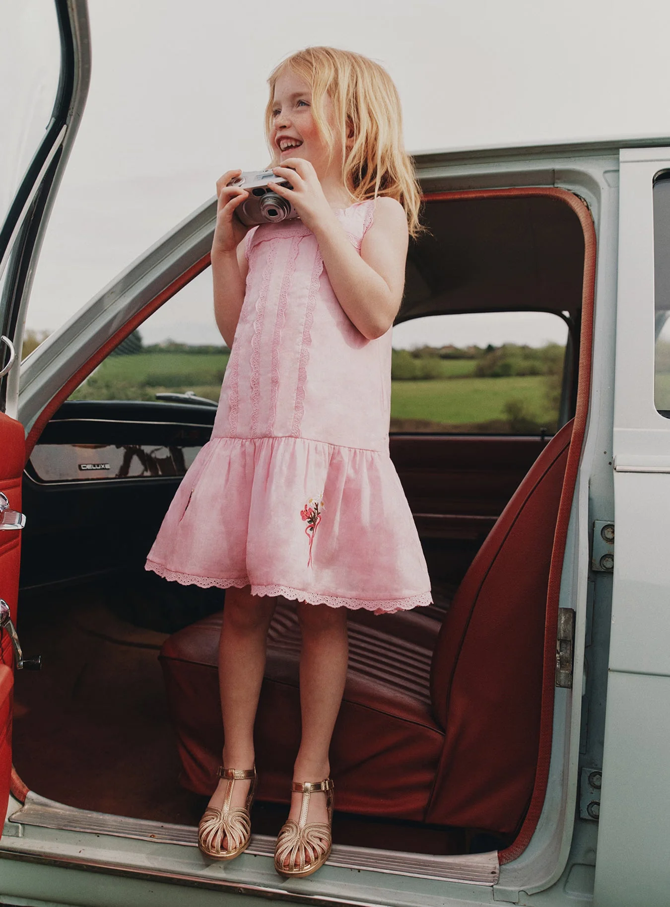 Pink Ramie Flower Embroidered Dress - Image 3