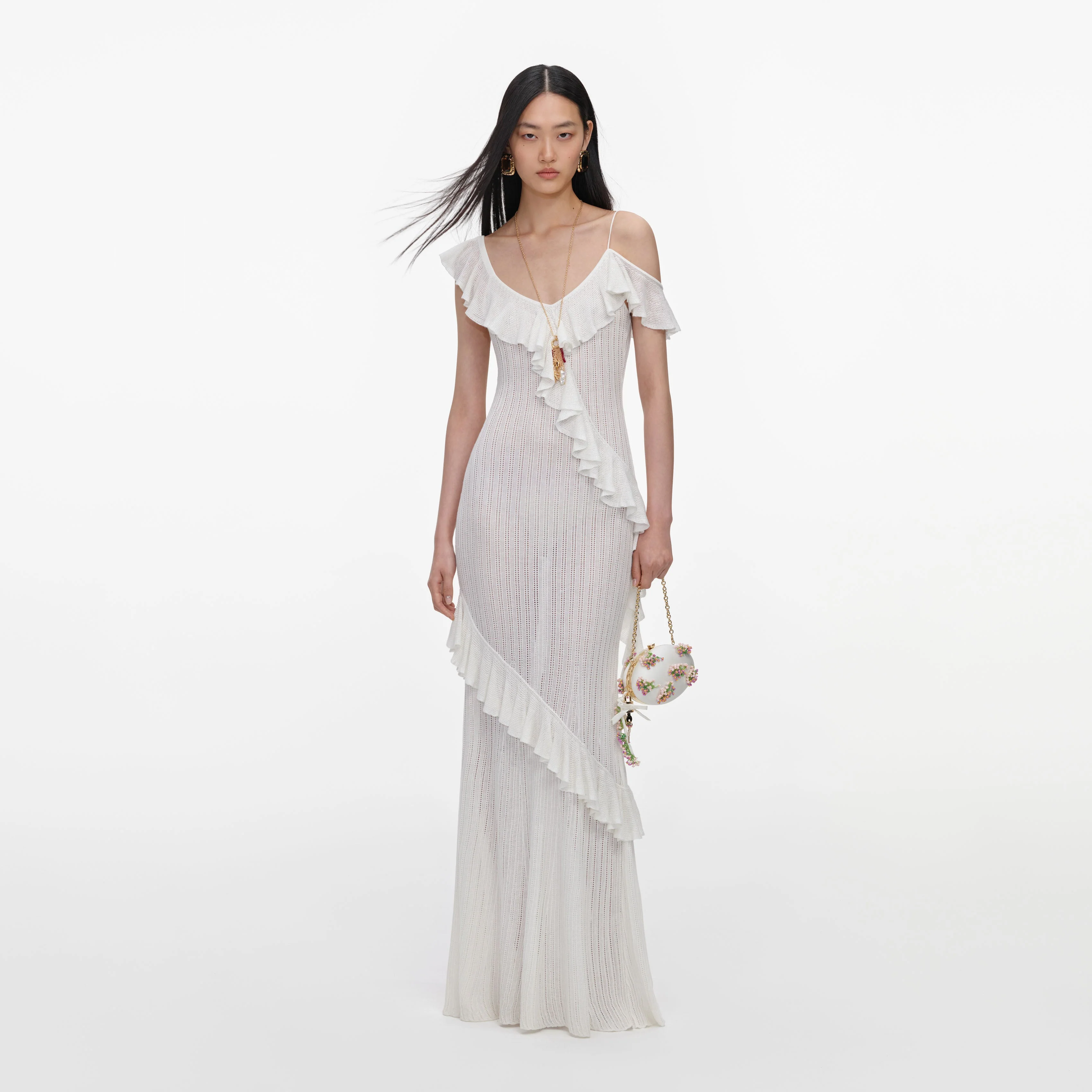 White Ruffle Knit Maxi Dress