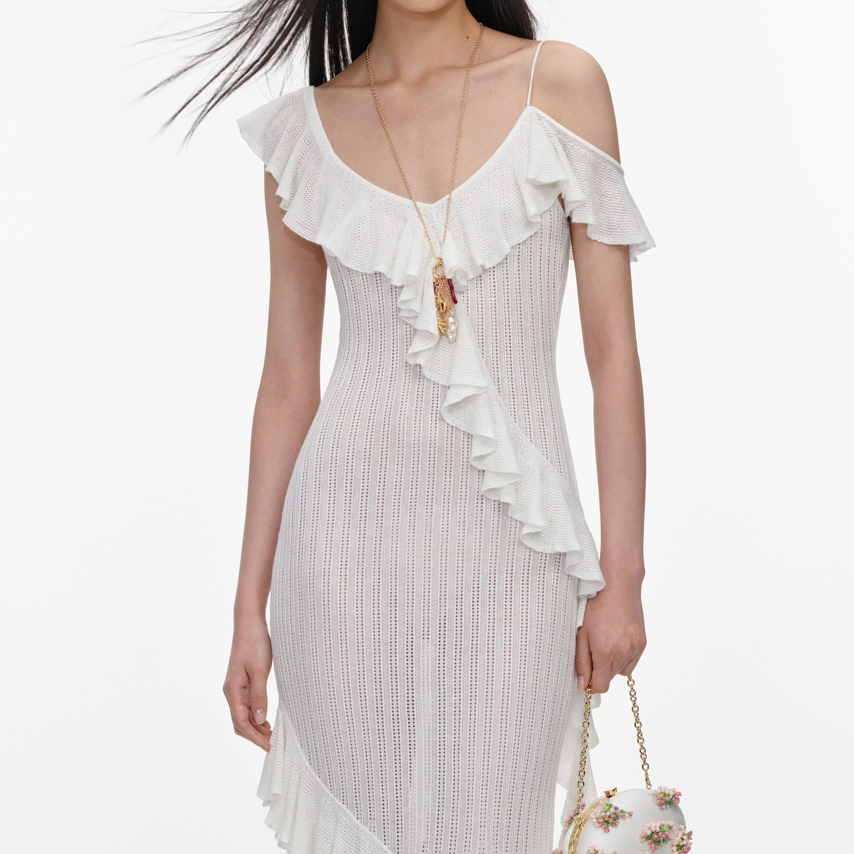 White Ruffle Knit Maxi Dress - Image 4