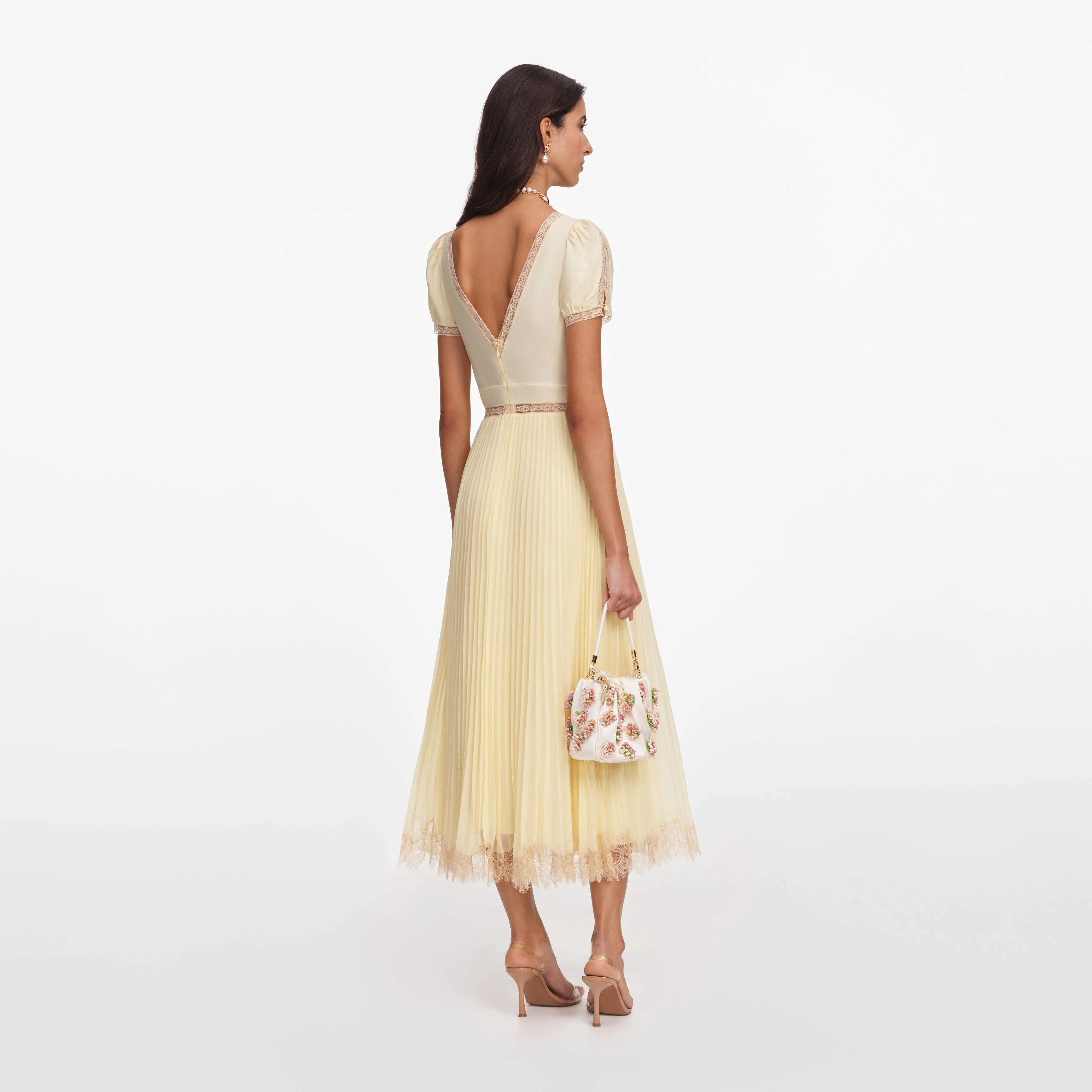 Yellow Viscose Pleated Lace Midi Dress - Image 3