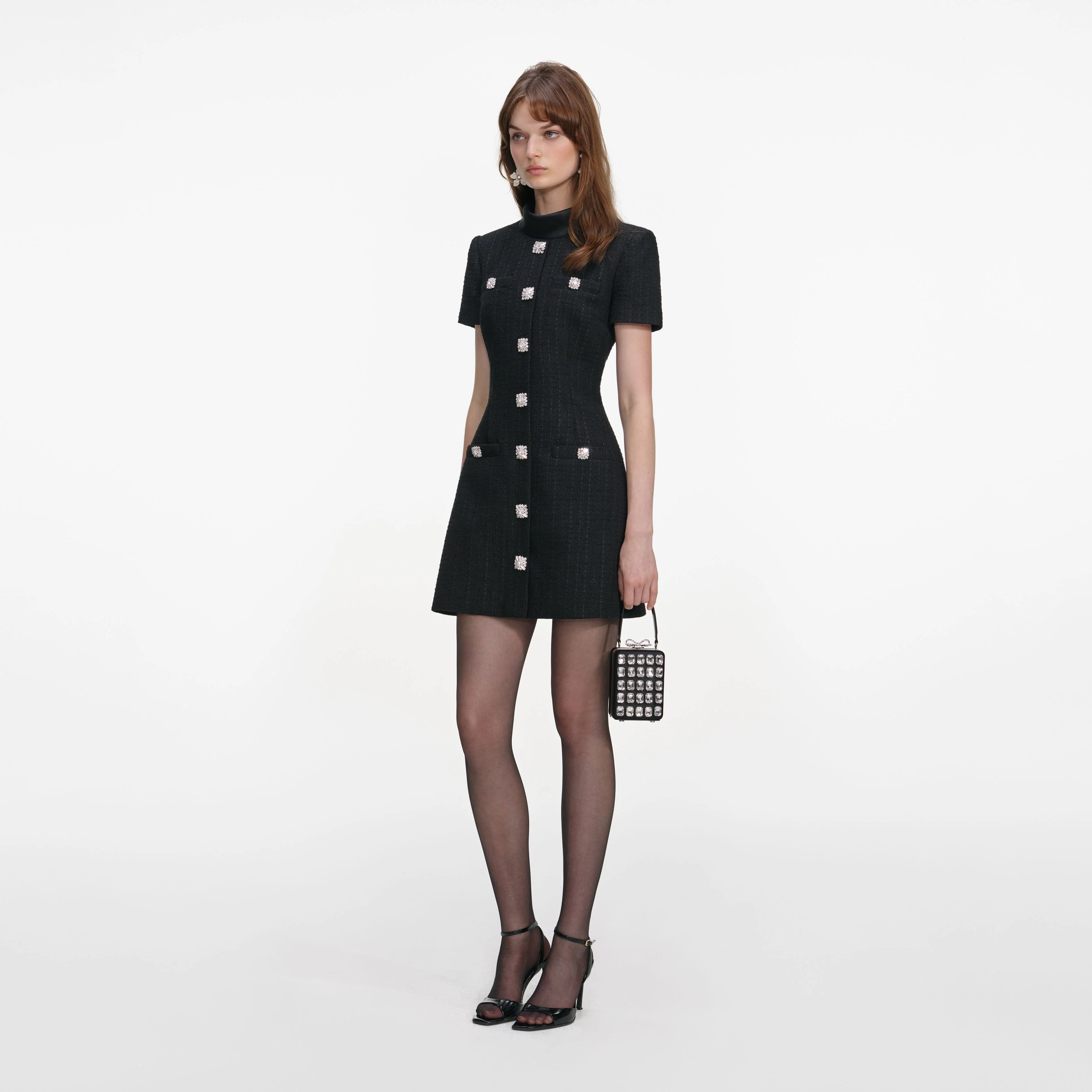 Black Boucle Collared Mini Dress - Image 2