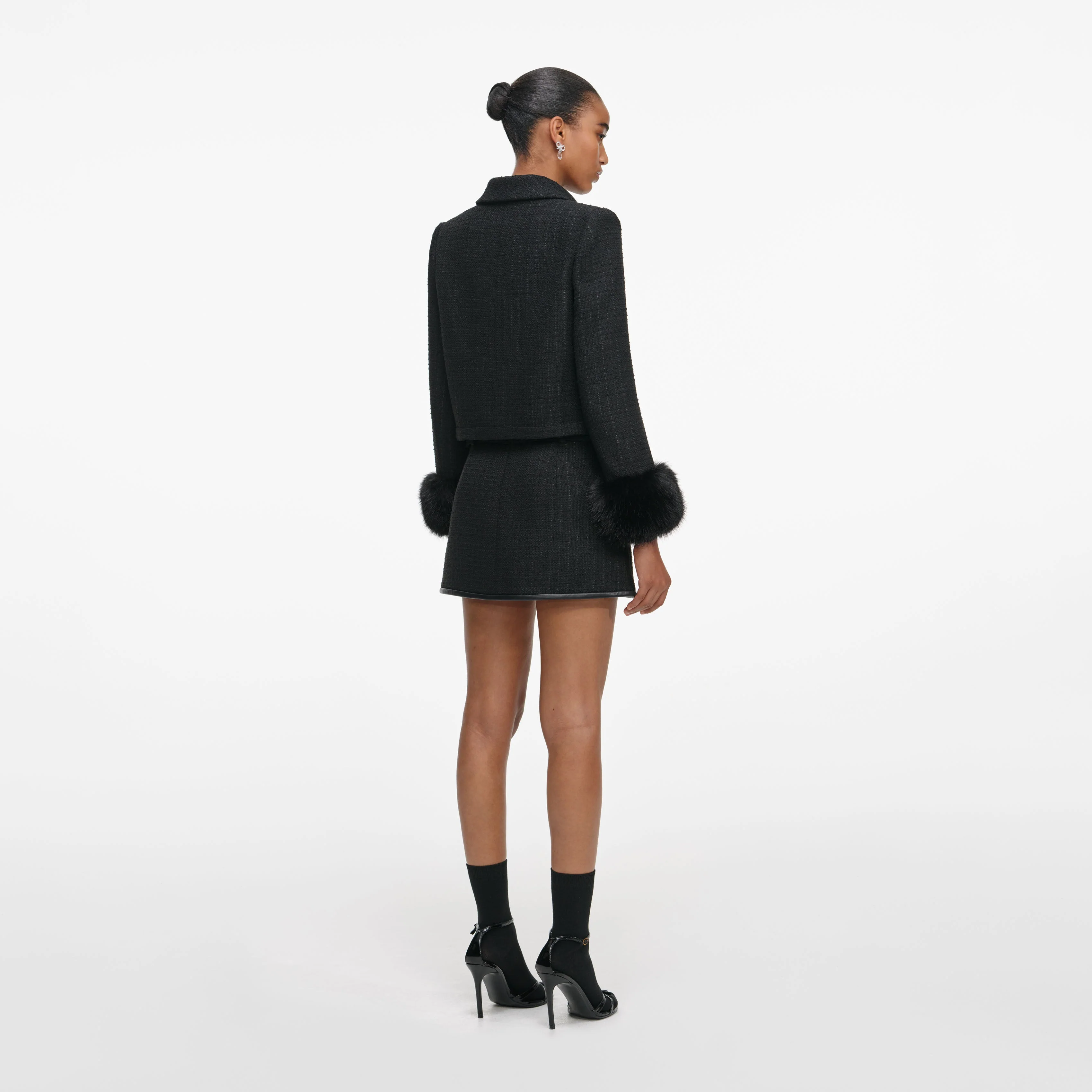Black Boucle Faux Fur Cuff Jacket - Image 3