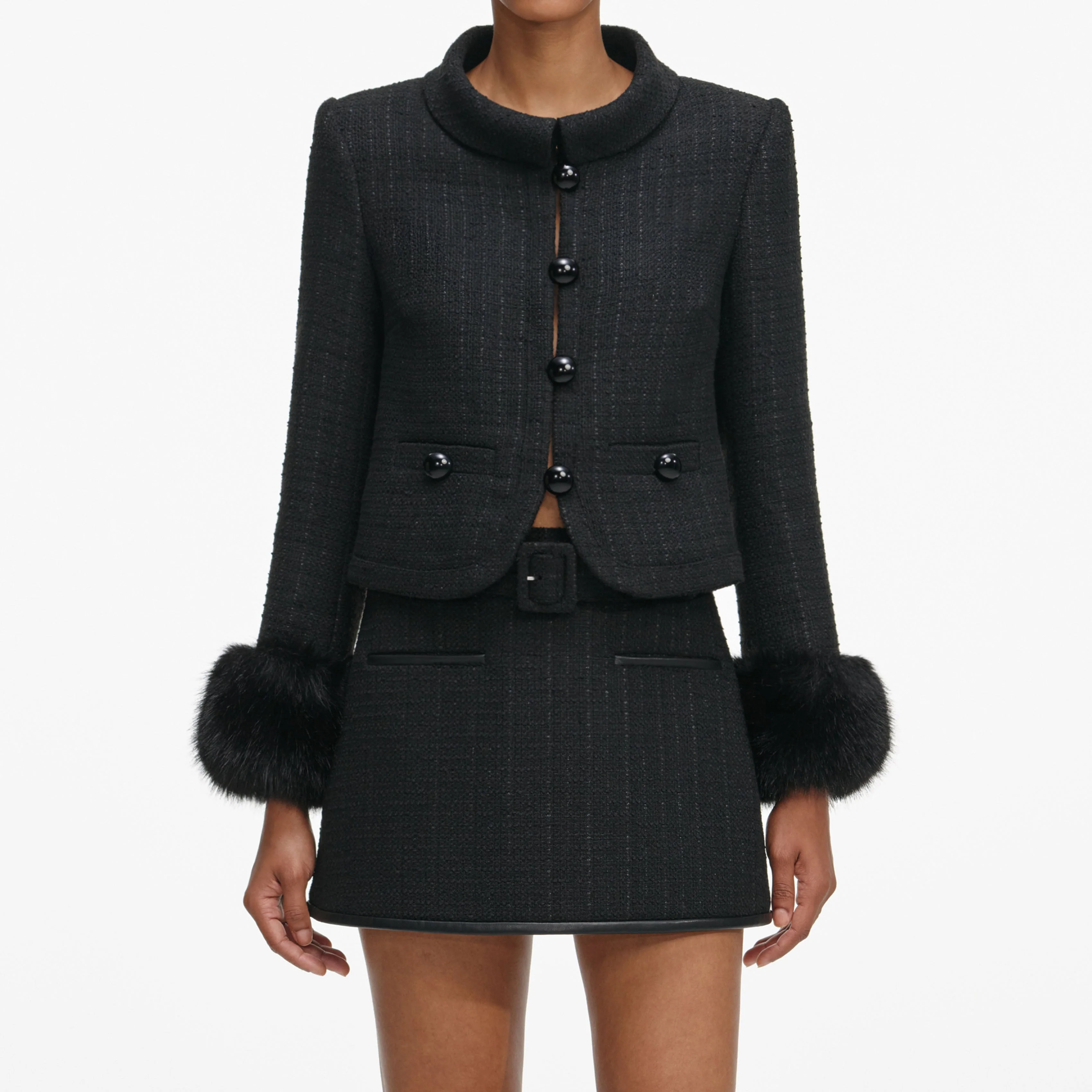 Black Boucle Faux Fur Cuff Jacket - Image 4