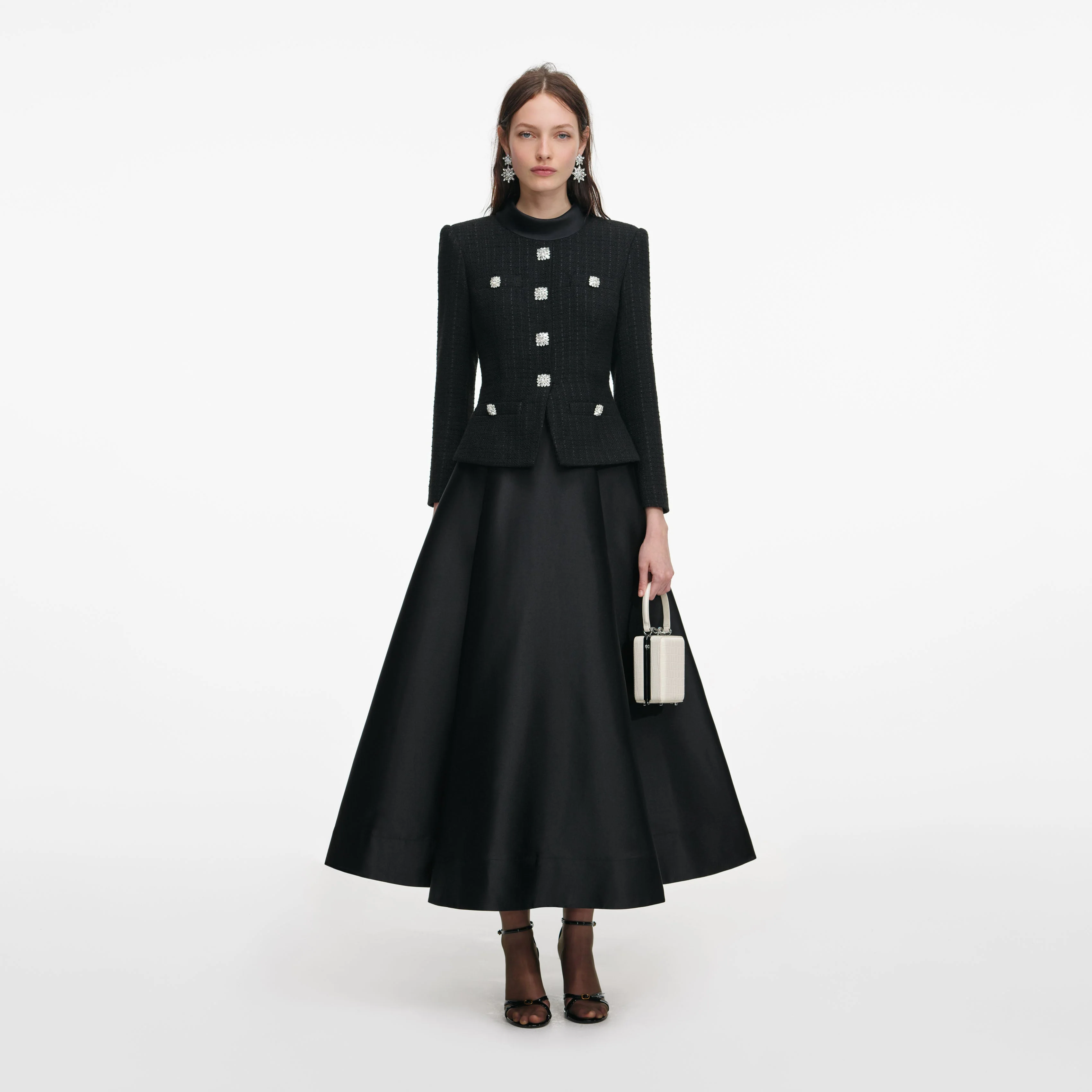 Black Boucle Taffeta Midi Dress
