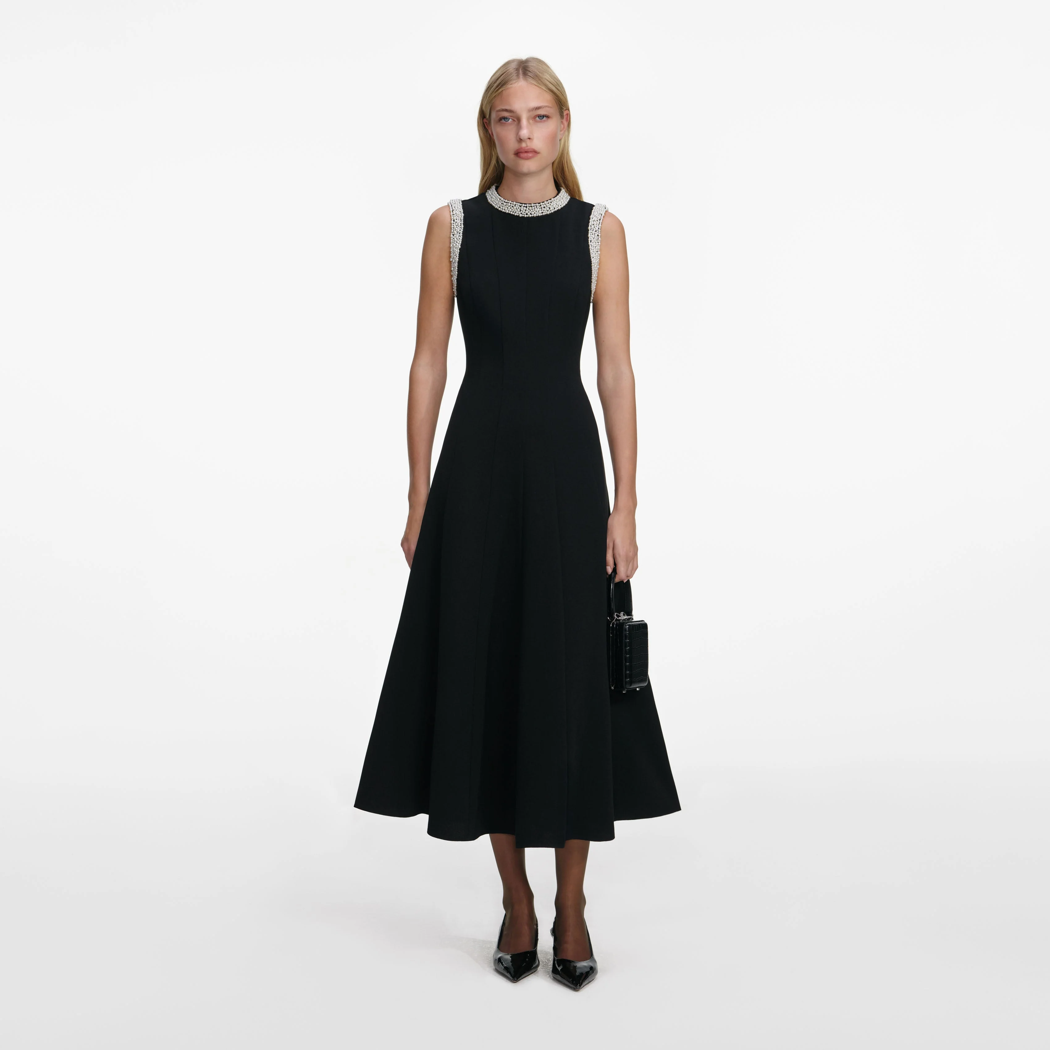 Black Crepe Pearl Trim Midi Dress