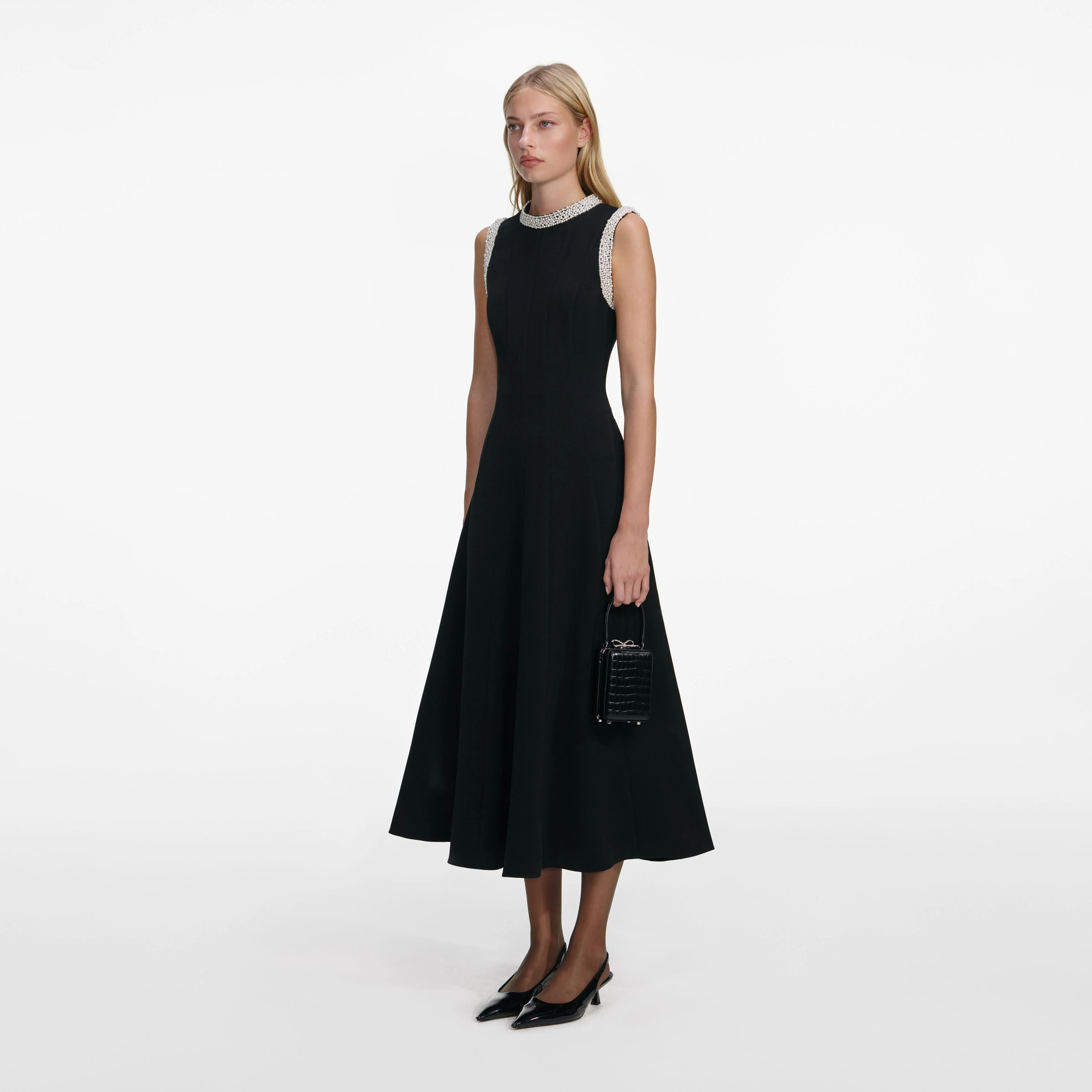 Black Crepe Pearl Trim Midi Dress - Image 2