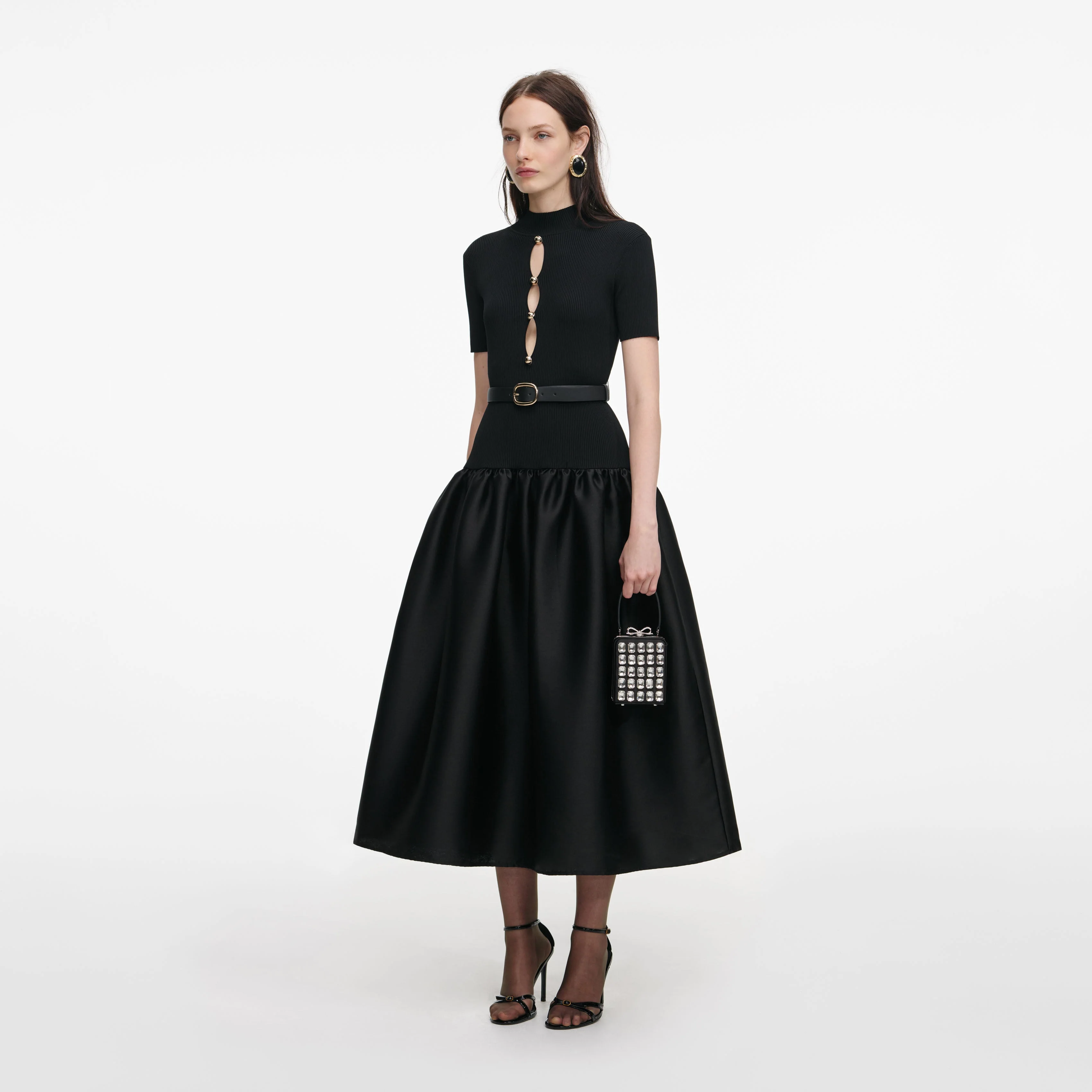 Black Knit Taffeta Midi Dress - Image 2