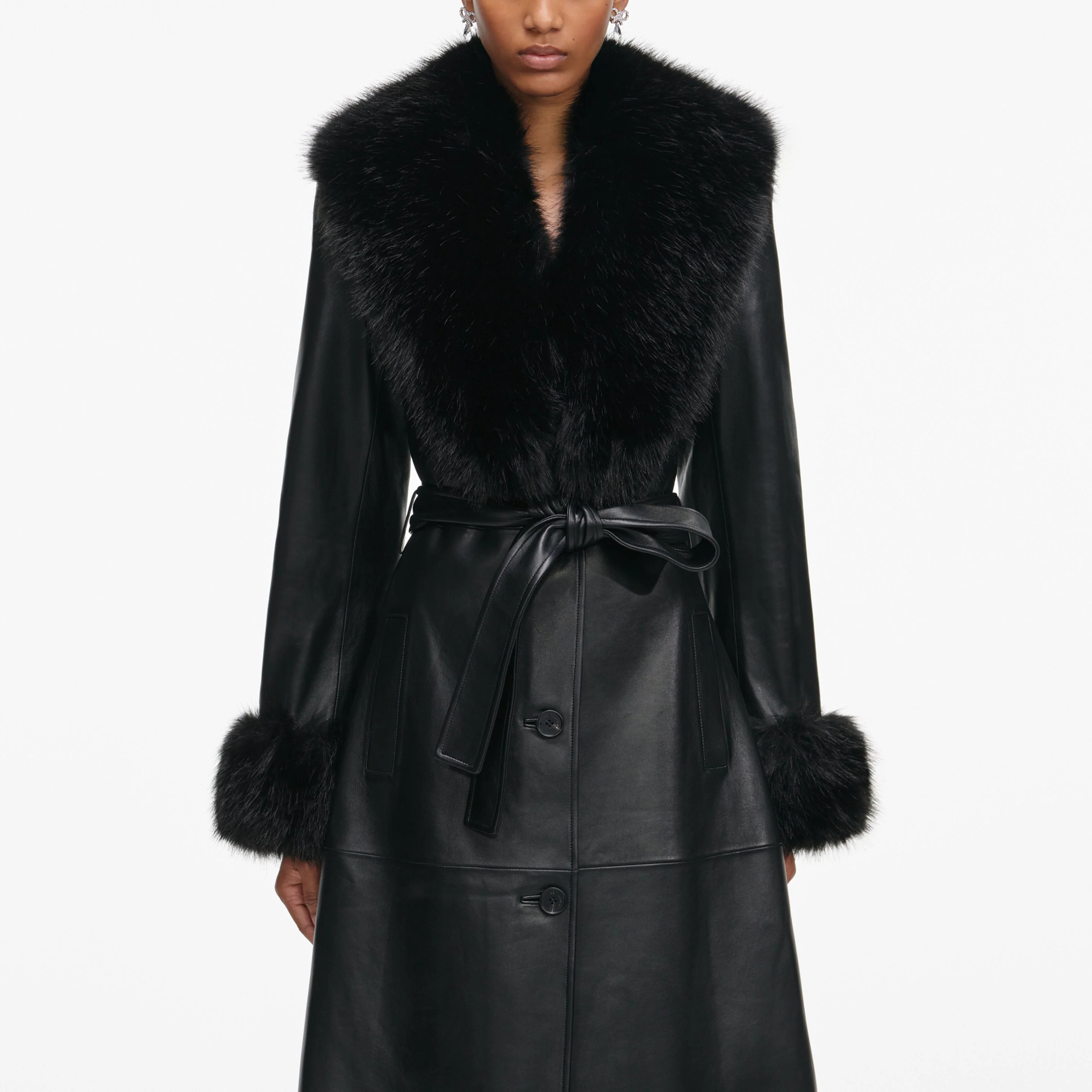 Black Leather Faux Fur Collared Coat - Image 5