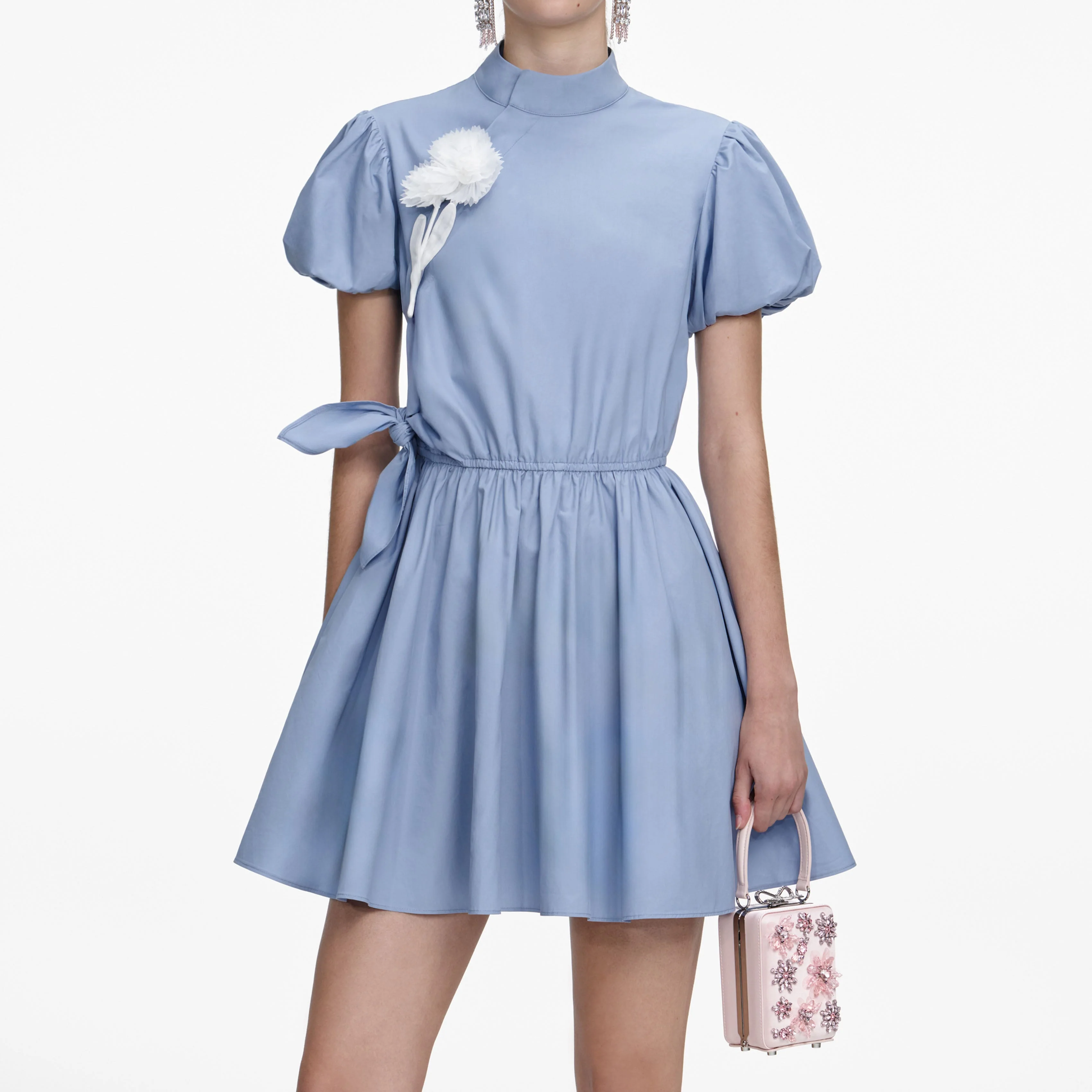 Blue Cotton Drape Mini Dress - Image 4