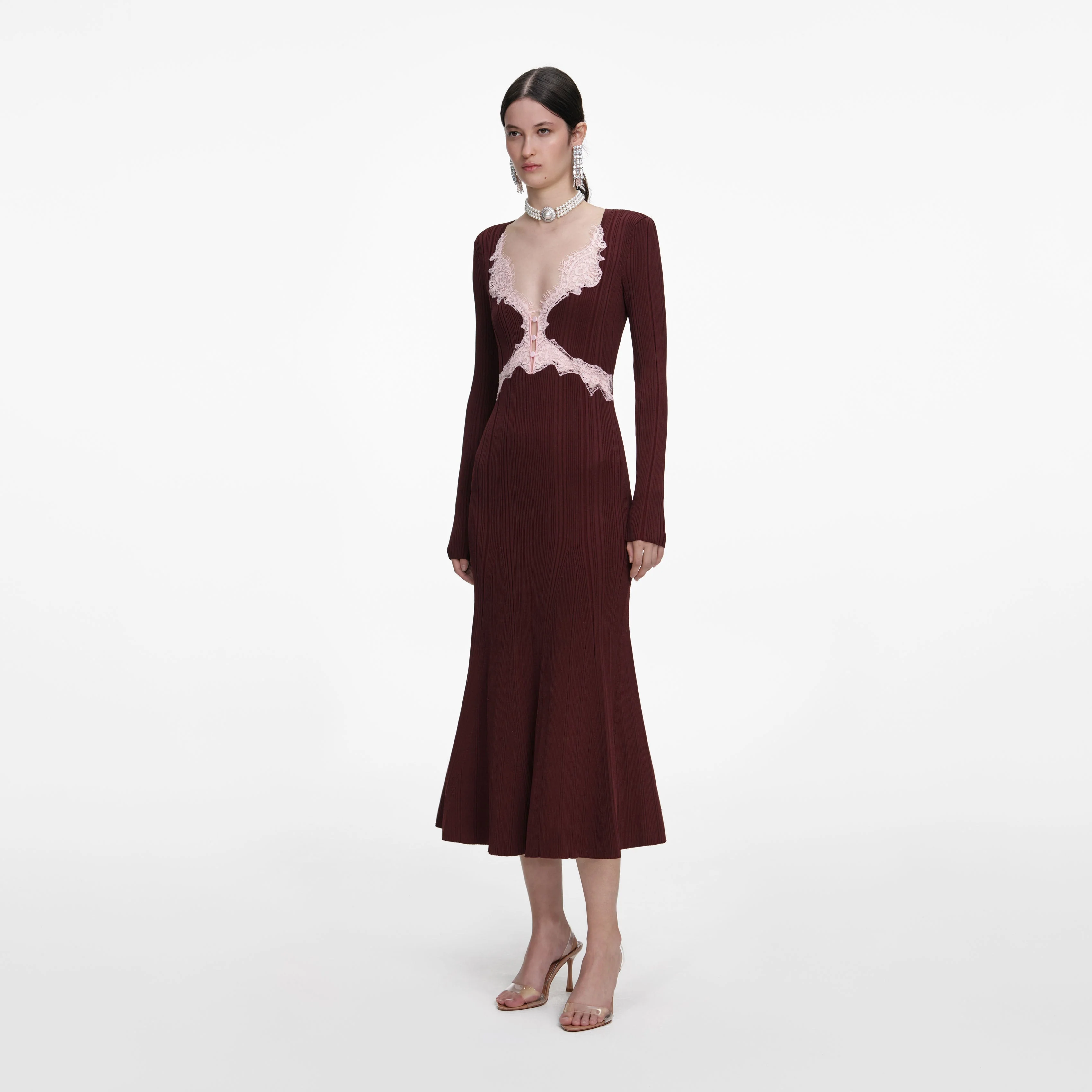 Brown Contrast Lace Knit Midi Dress - Image 2