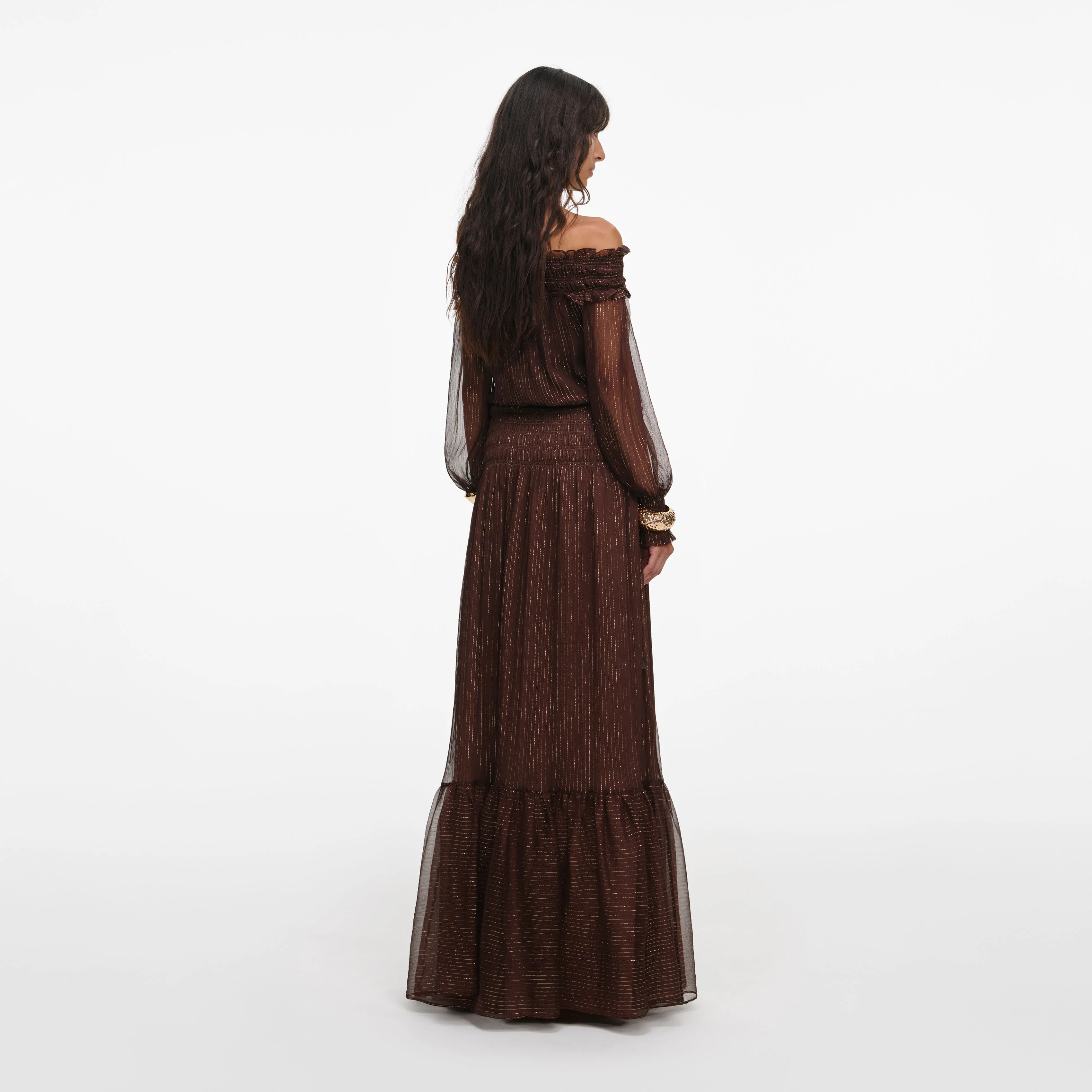 Brown Georgette Off Shoulder Maxi Dress - Image 3