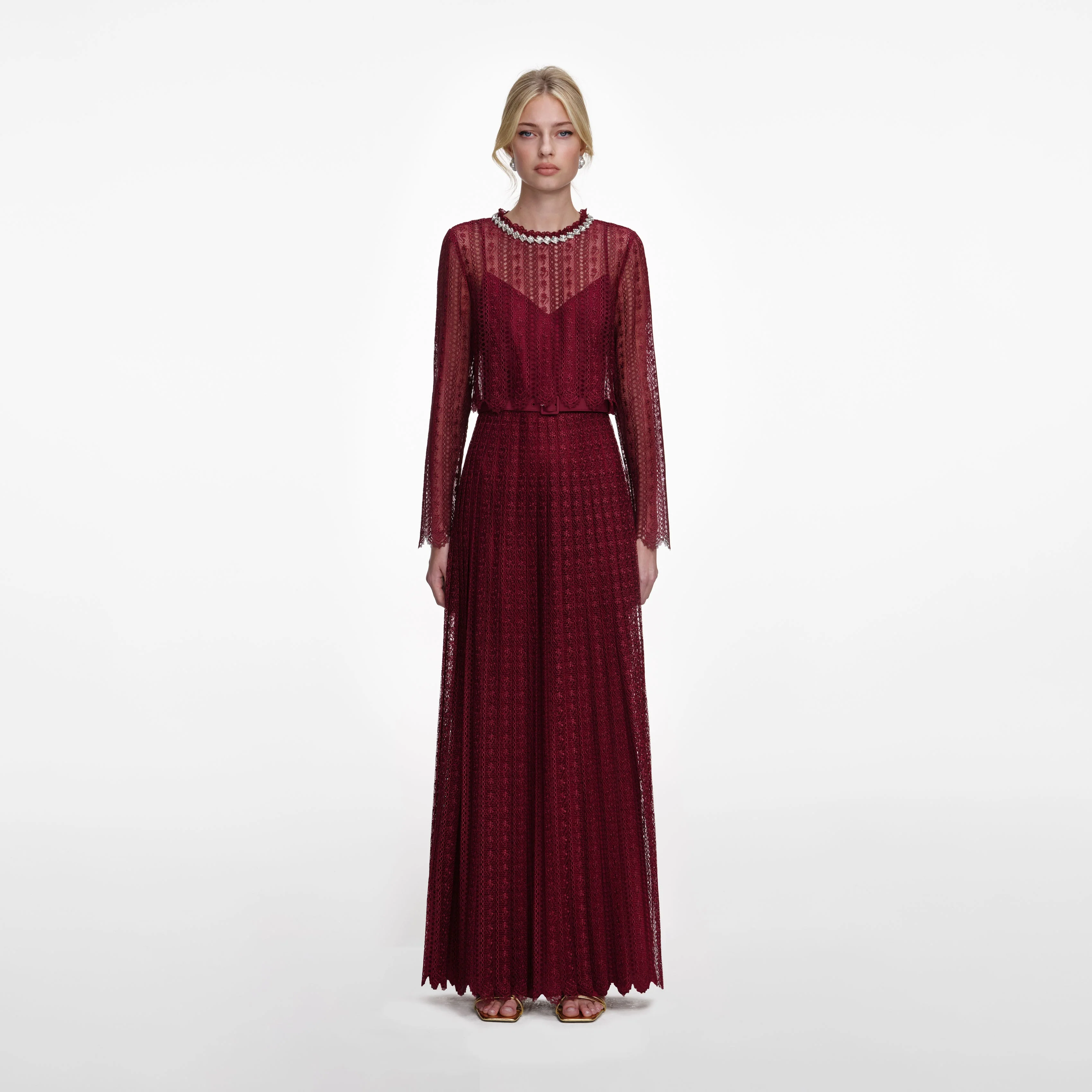 Burgundy Organza Lace Maxi Dress