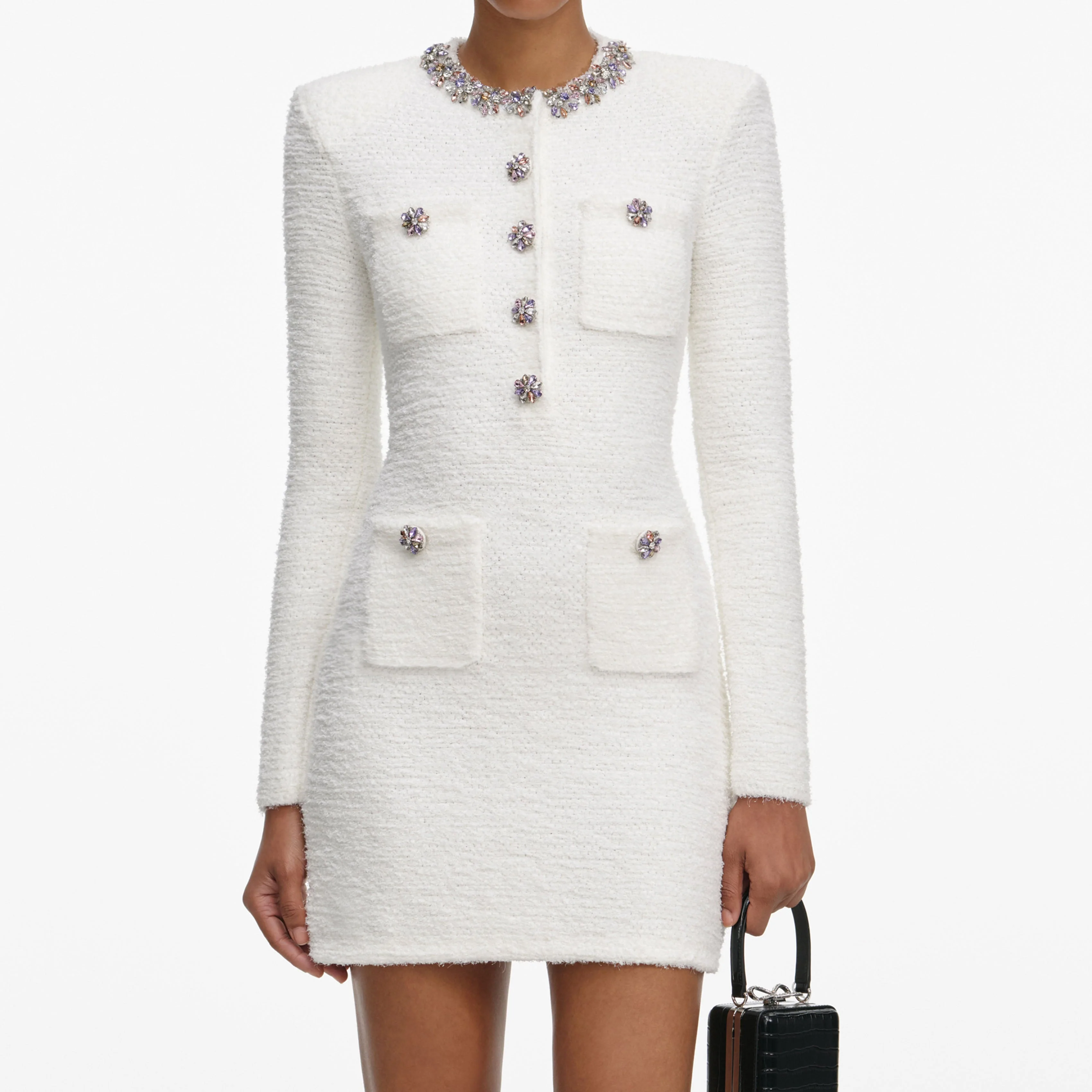 Cream Crystal Trim Knit Mini Dress - Image 4