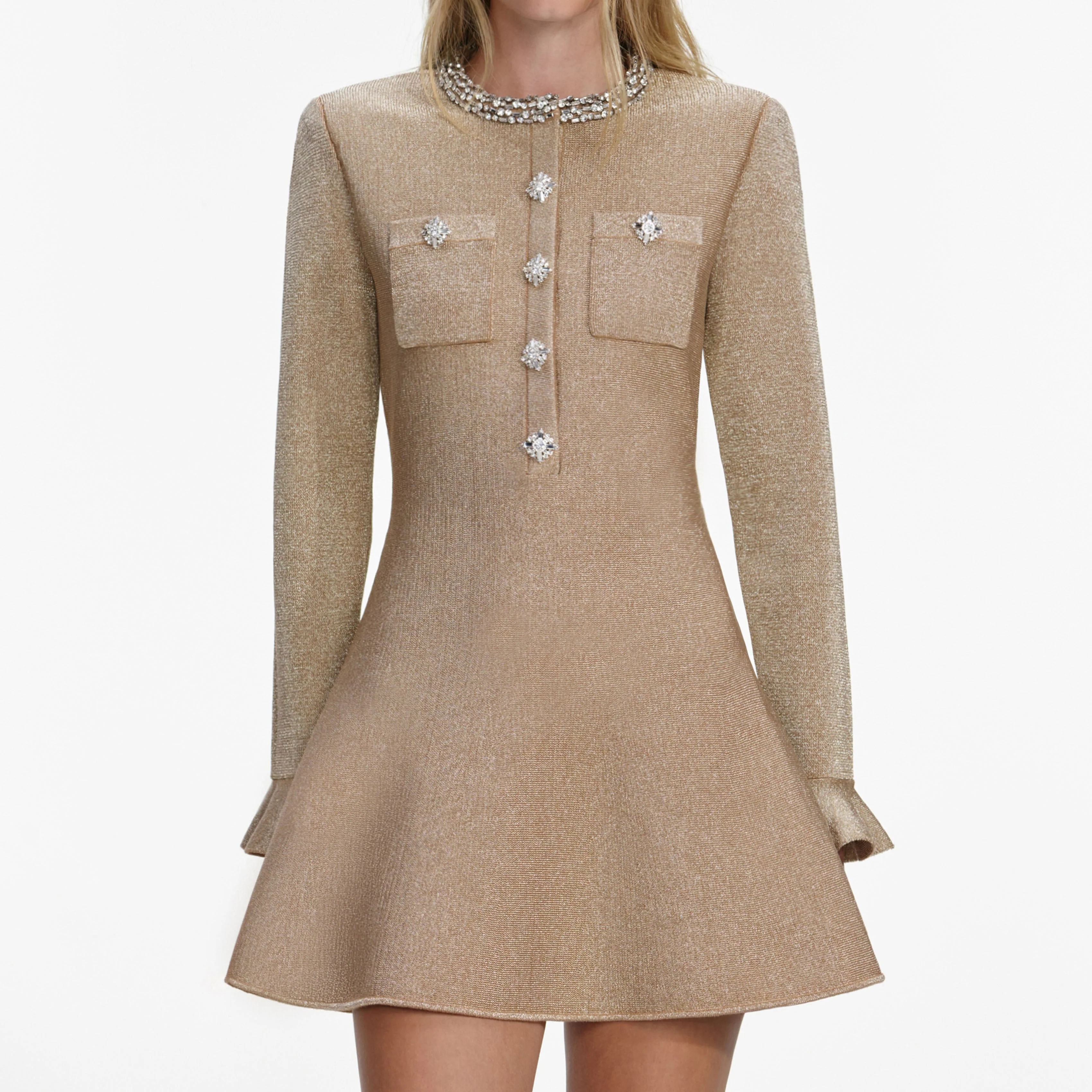Gold Crystal Trim Knit Mini Dress - Image 4