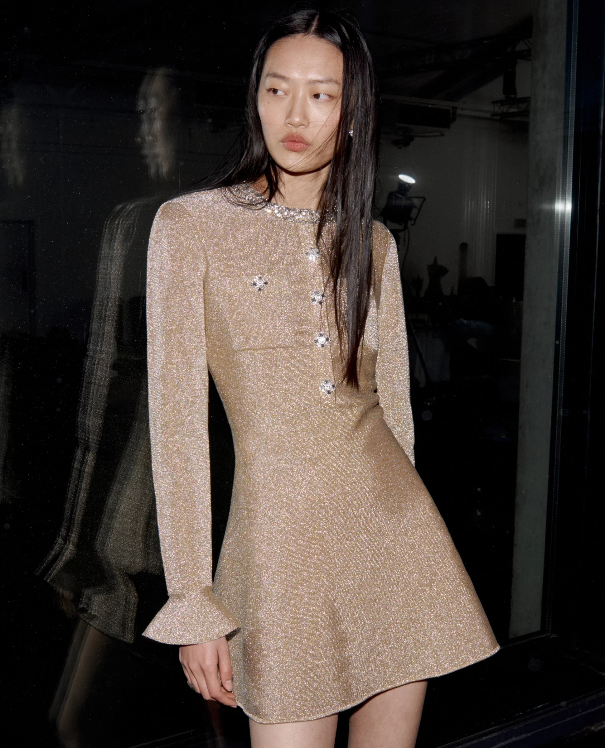 Gold Crystal Trim Knit Mini Dress - Image 6