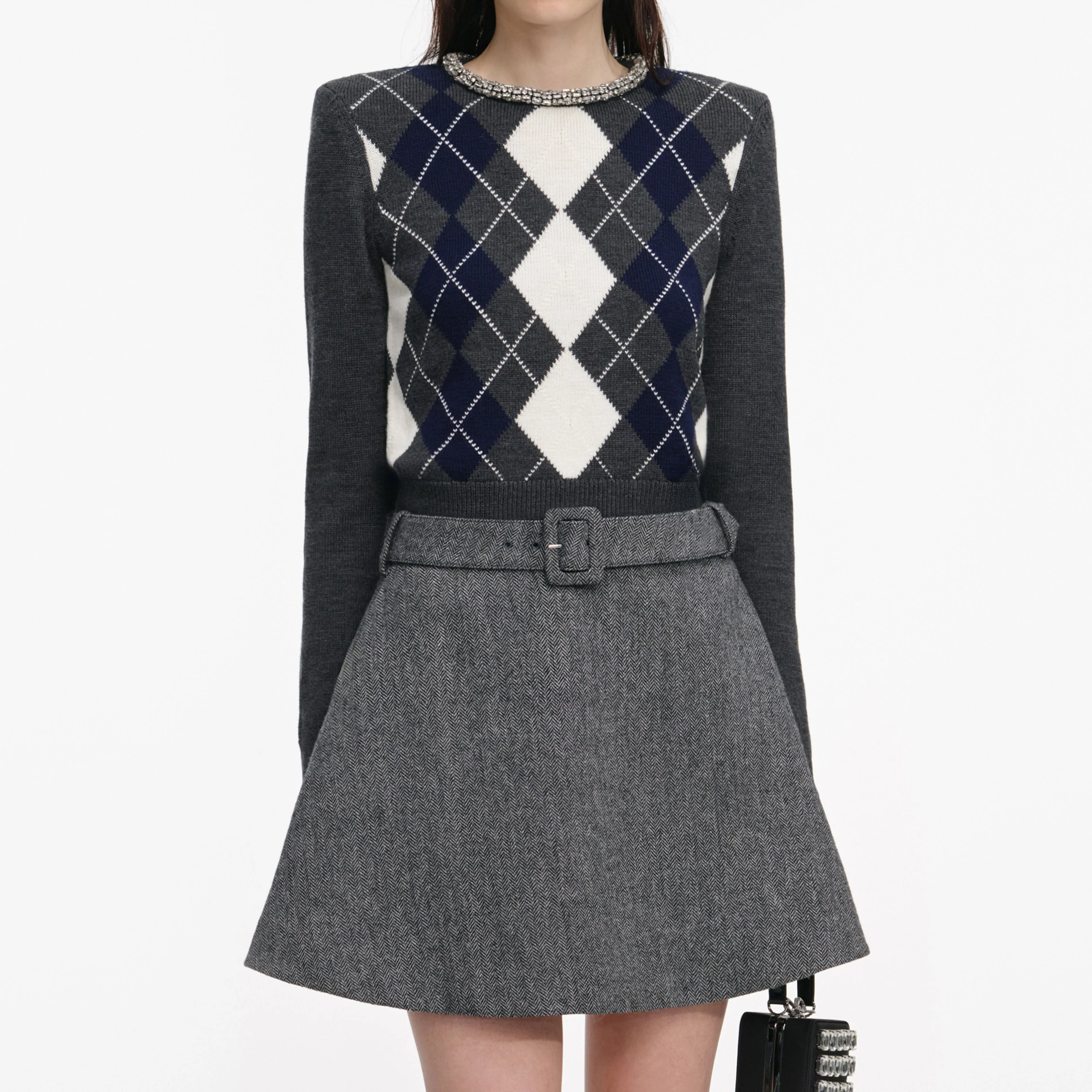 Grey Argyle Crystal Trim Jumper - Image 4