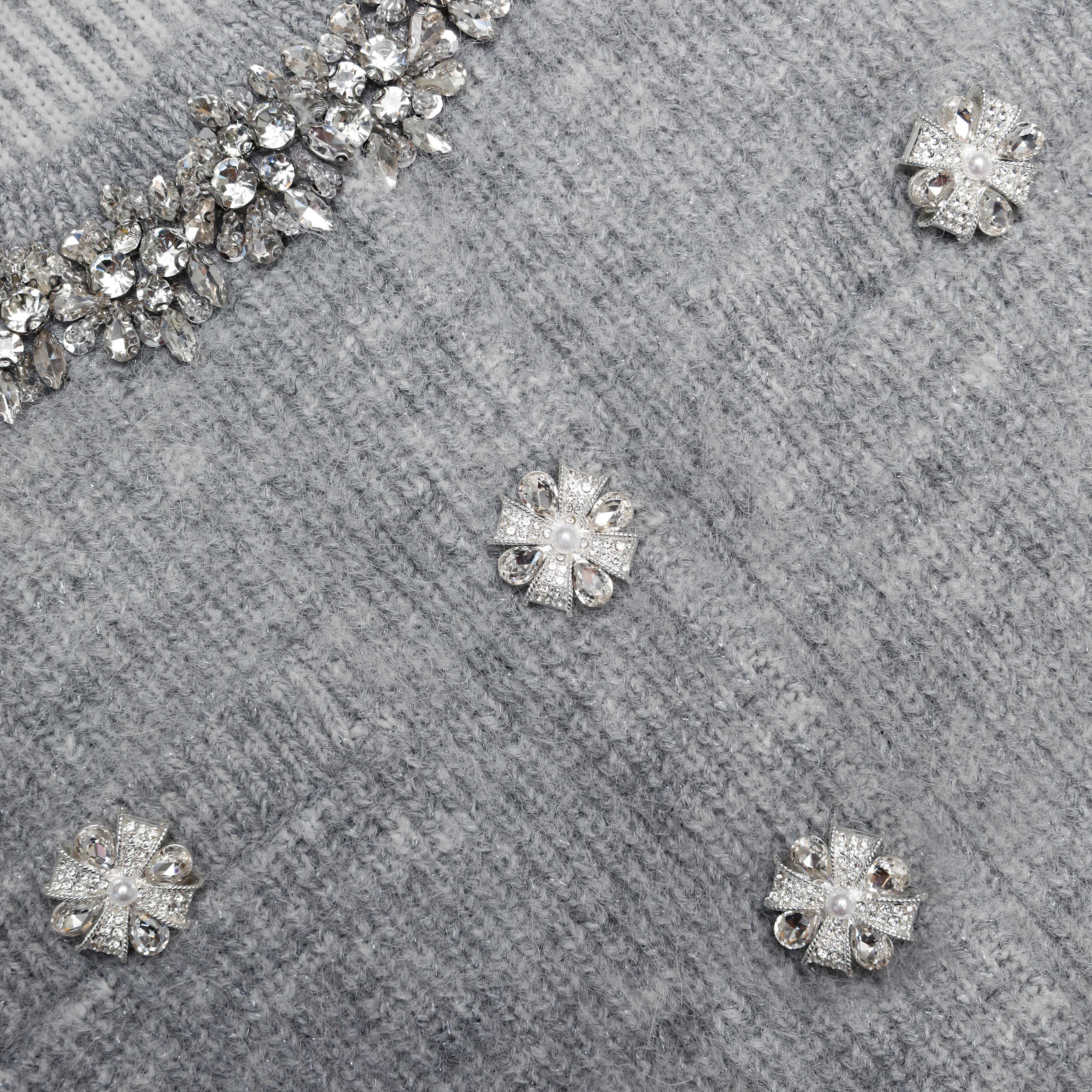 Grey Fluffy Crystal Trim Cardigan - Image 5