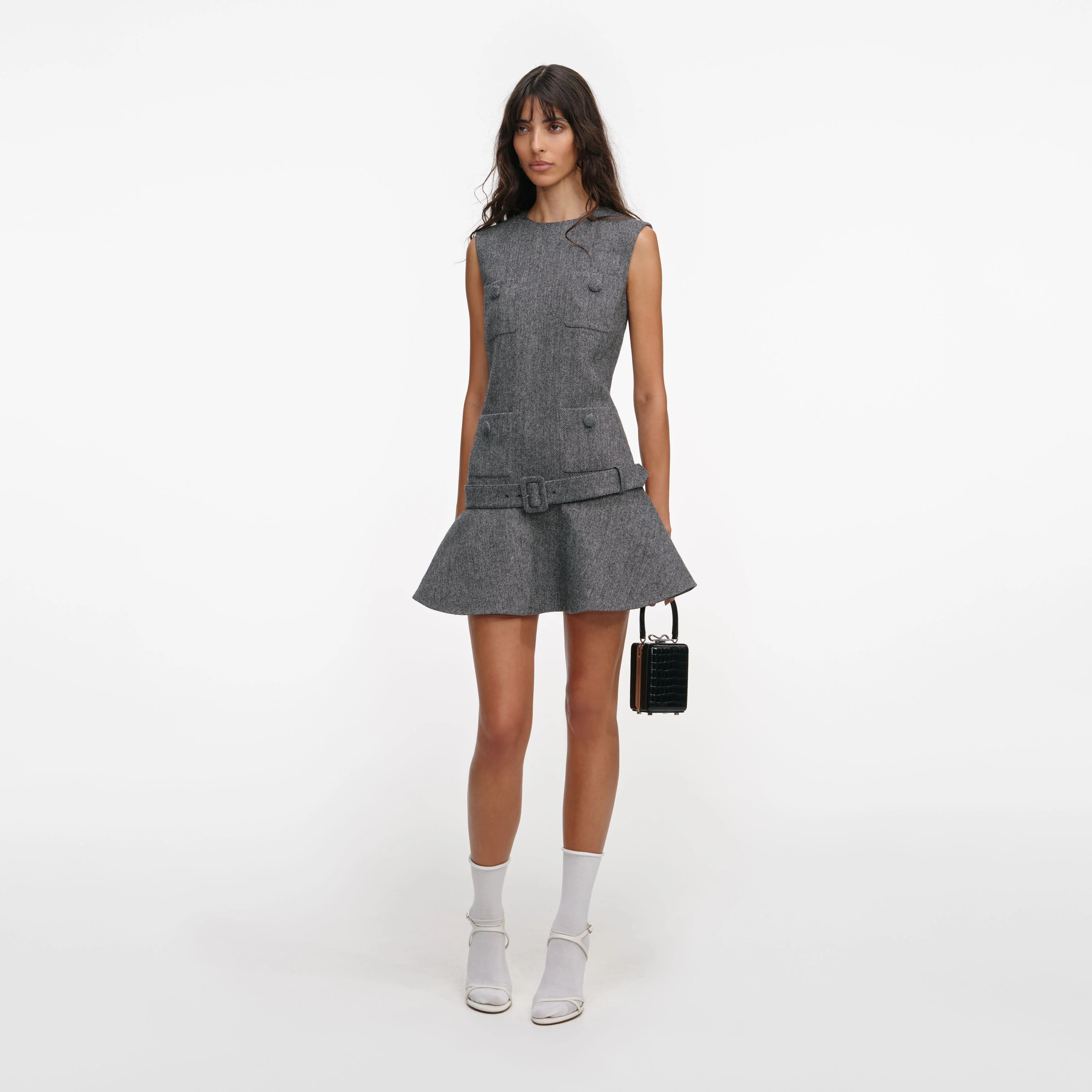Grey Herringbone Flared Mini Dress - Image 2