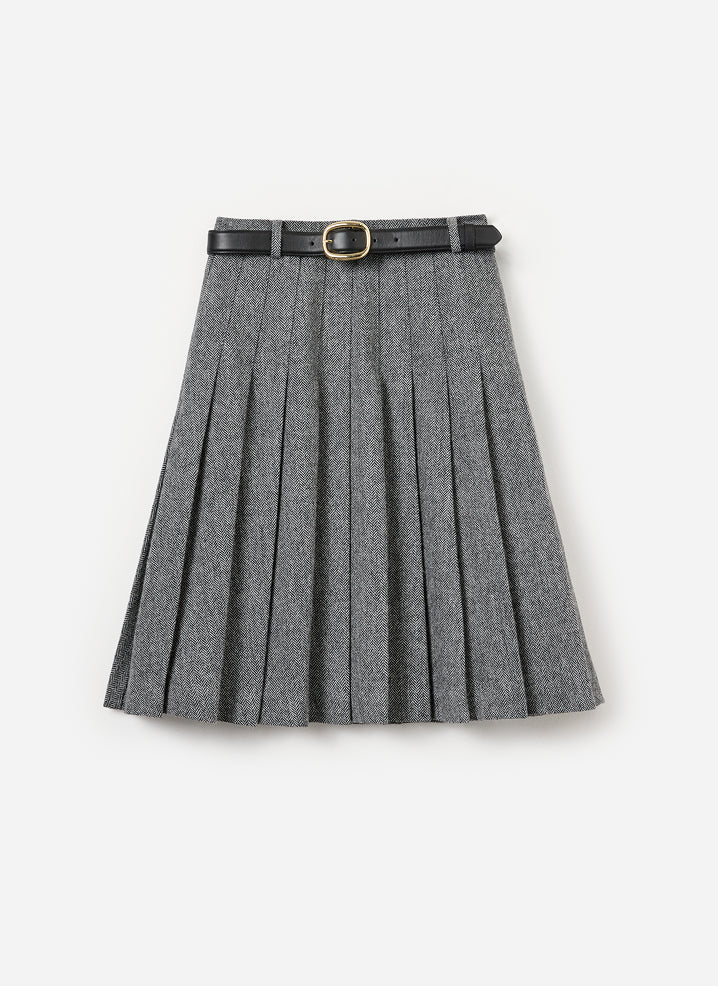 Grey Herringbone Pleated Midi Skirt - Image 6
