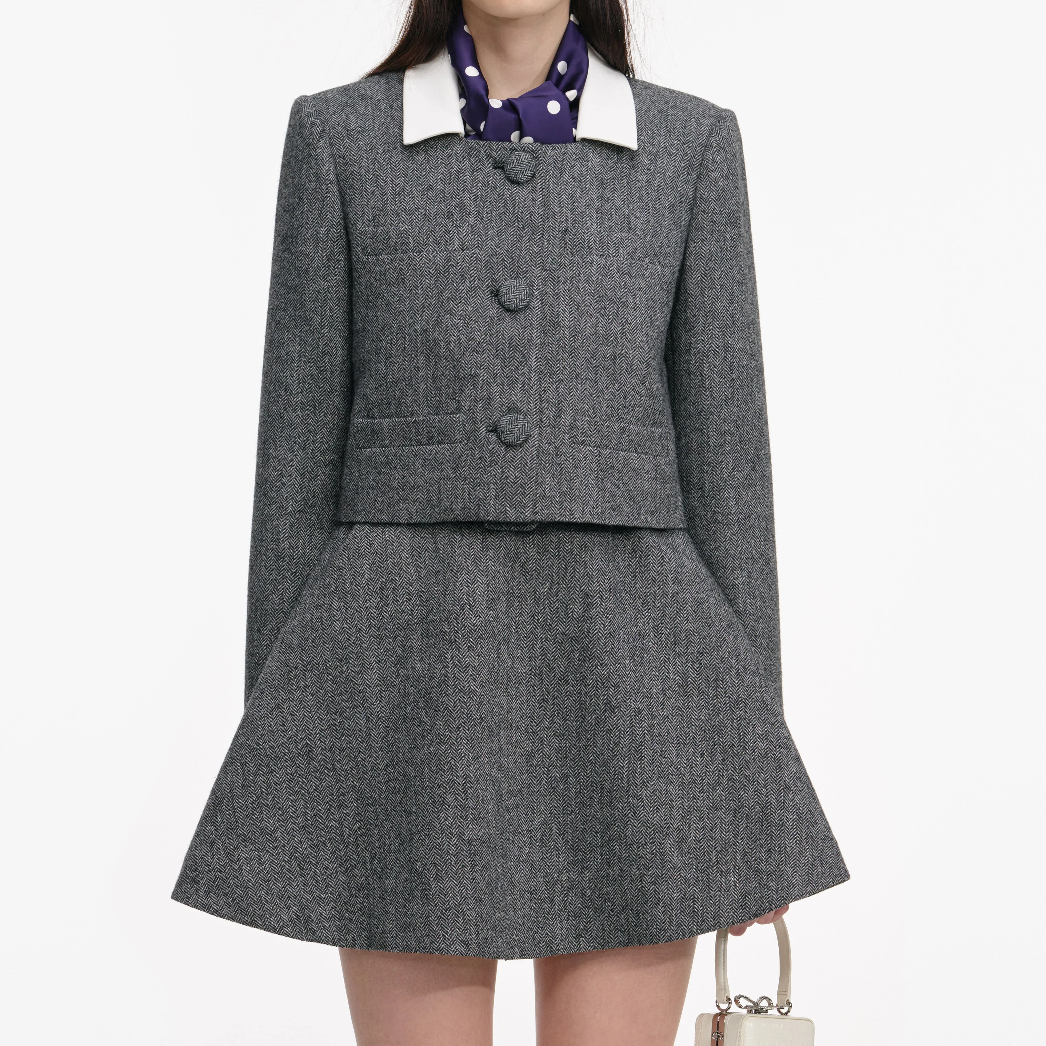 Grey Herringbone Scarf Detail Jacket - Image 5