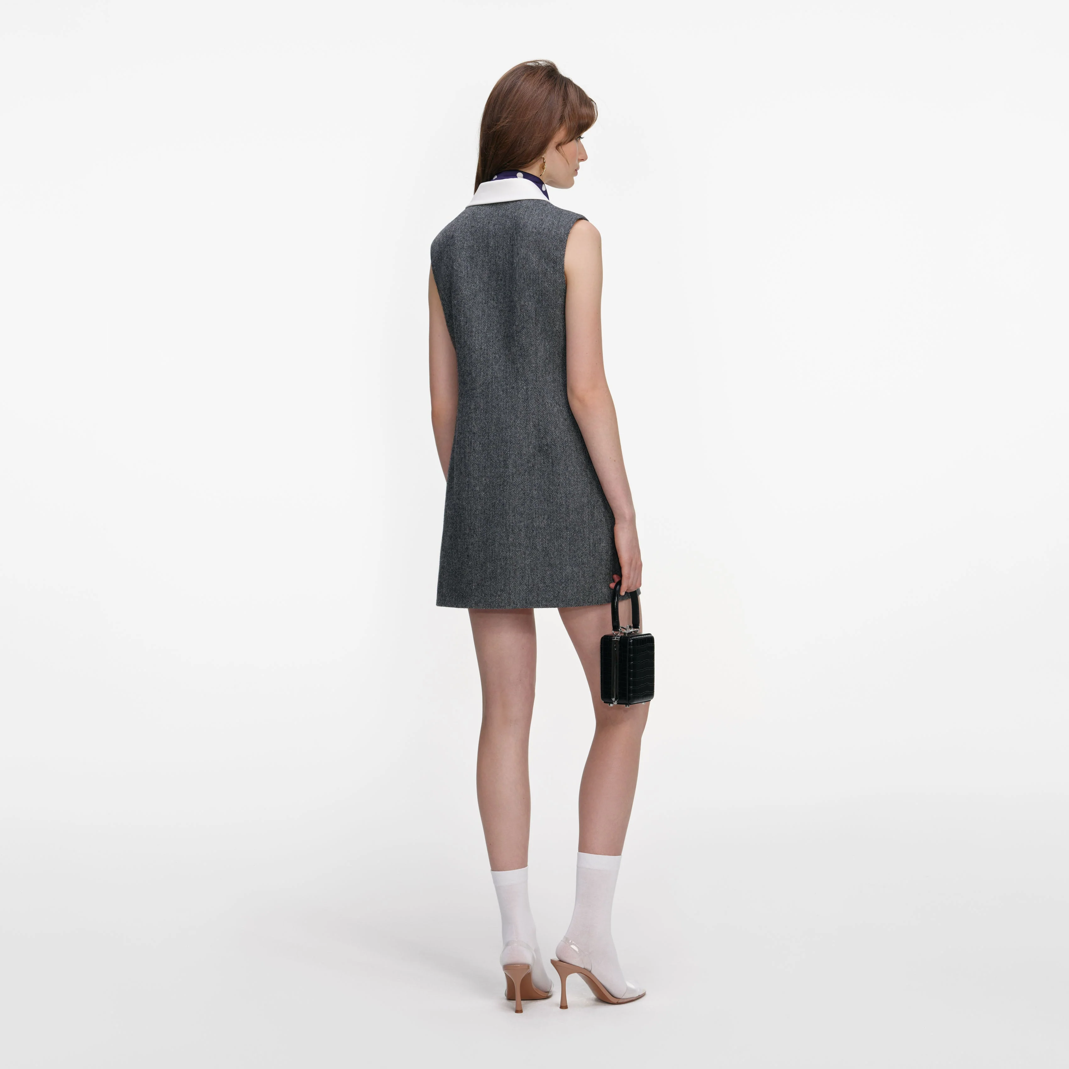 Grey Herringbone Scarf Detail Mini Dress - Image 3