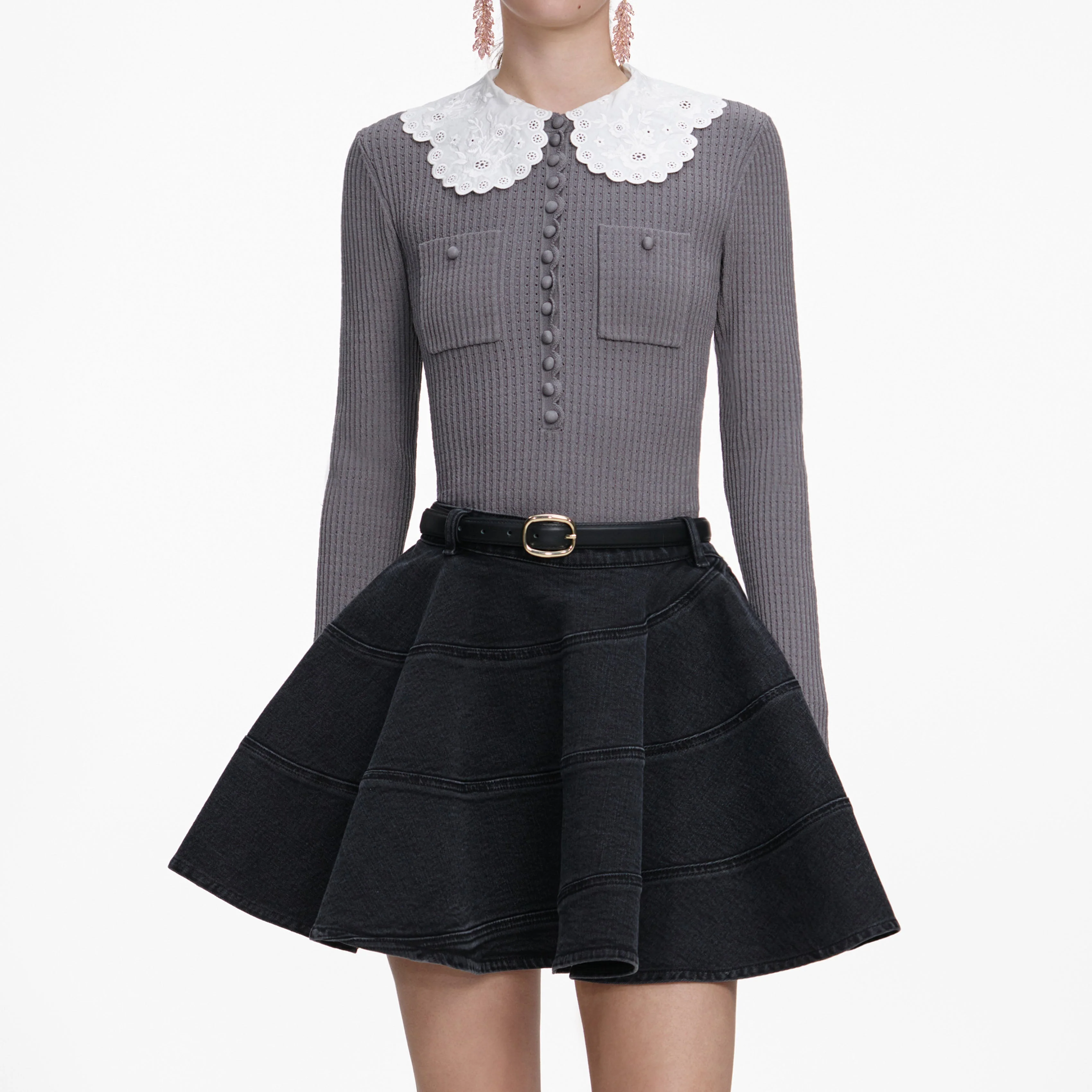 Grey Lace Collar Knit Top - Image 4