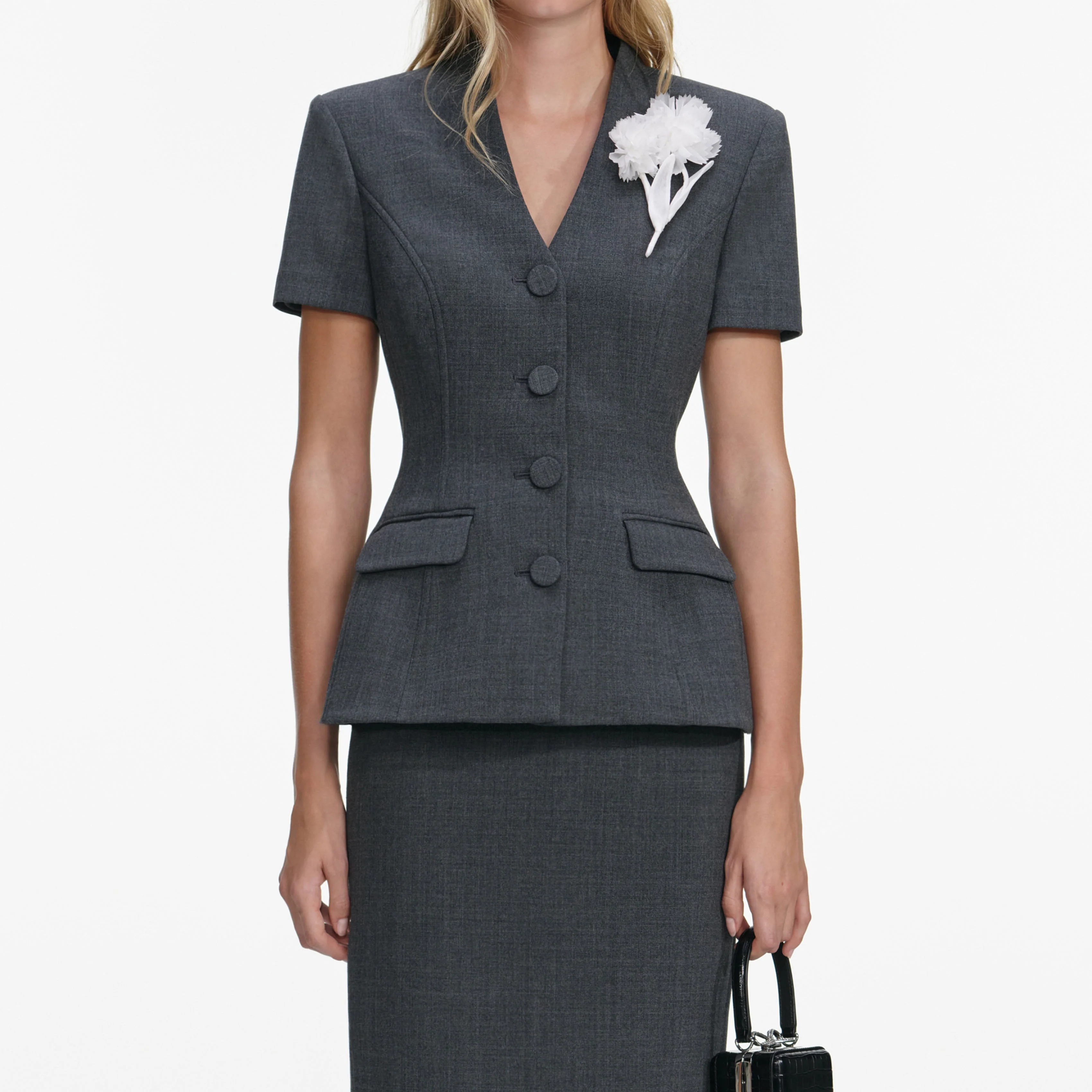 Grey Tailored Flower Detail Midi Dress - Image 4