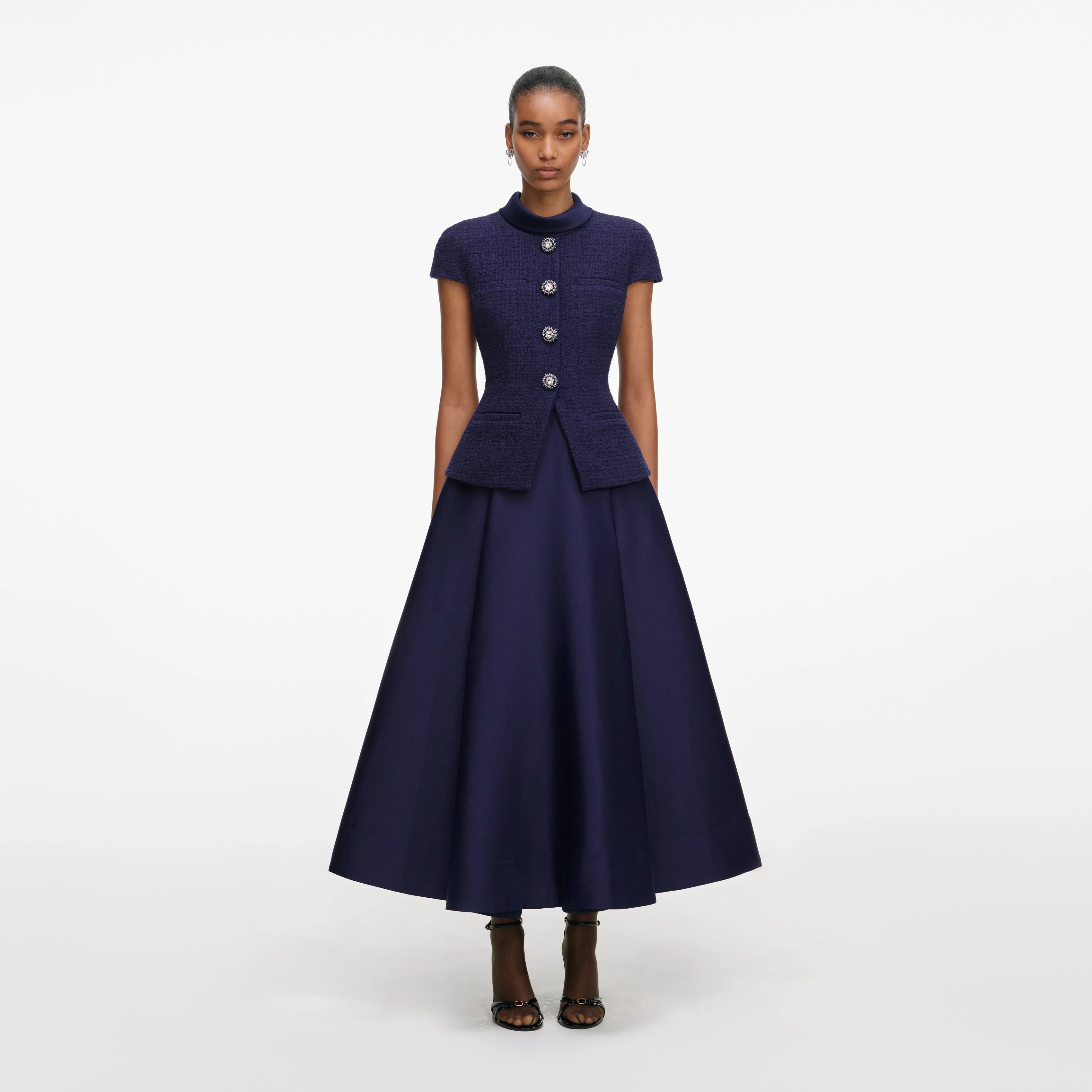 Navy Boucle Taffeta Midi Dress