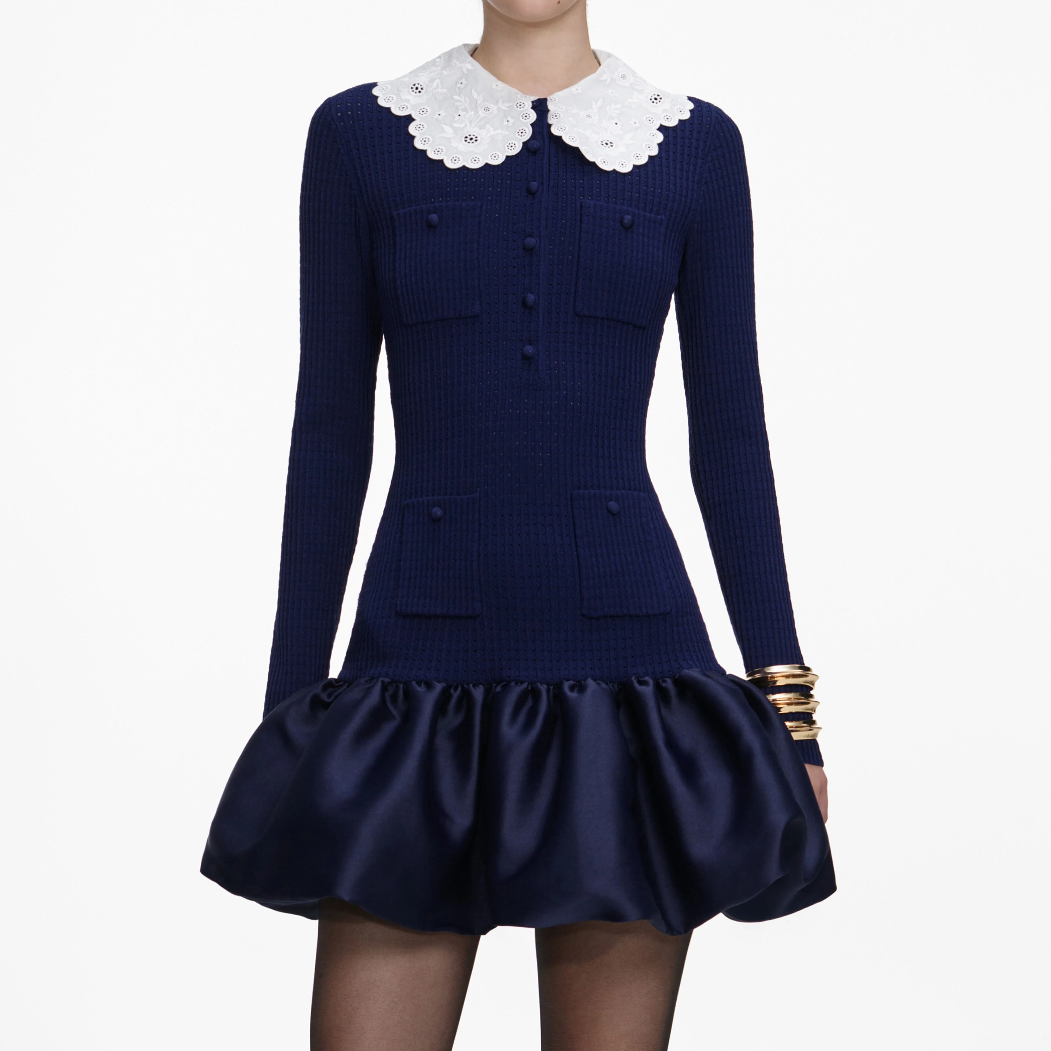 Navy Knit Taffeta Mini Dress - Image 4