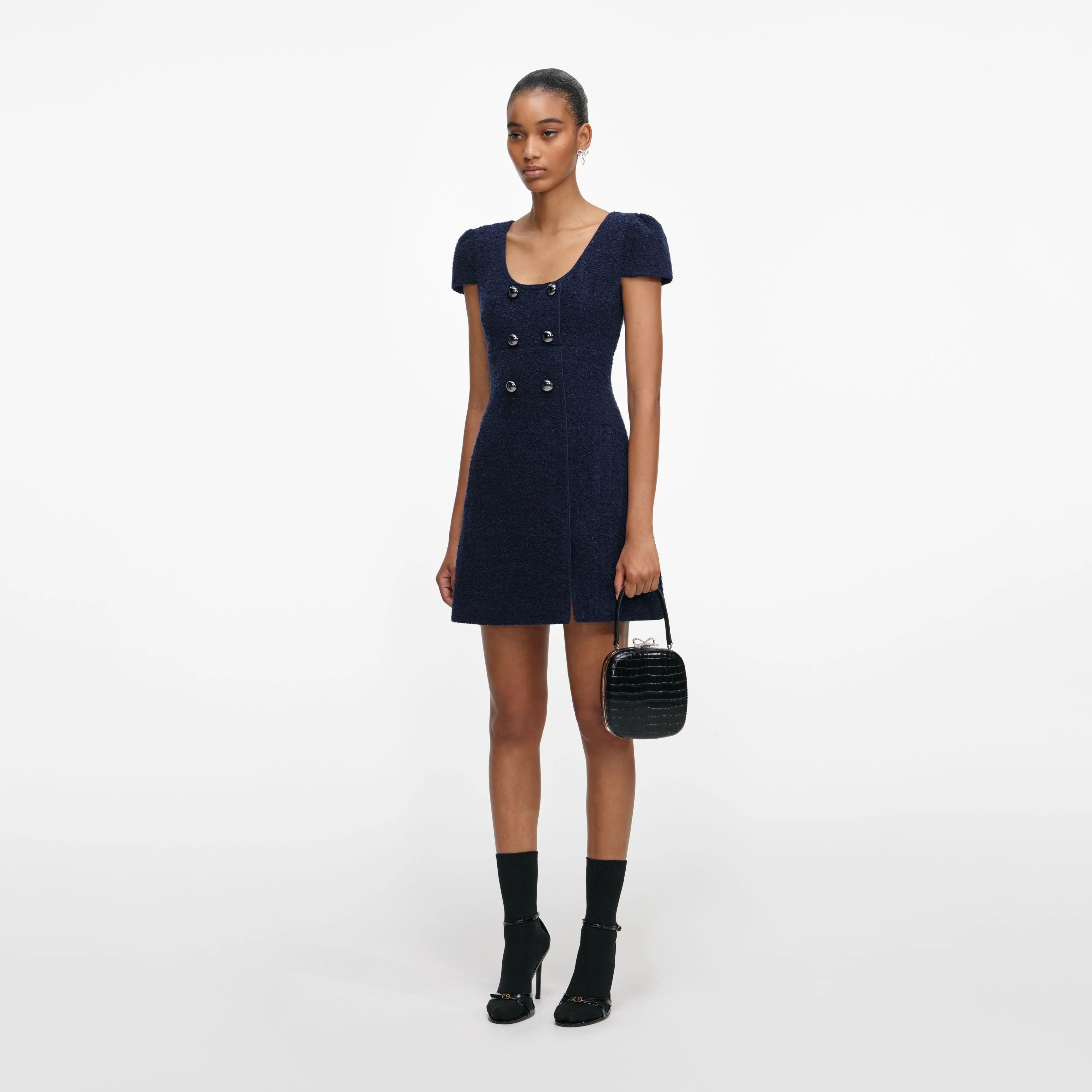 Navy Textured Boucle Mini Dress - Image 2