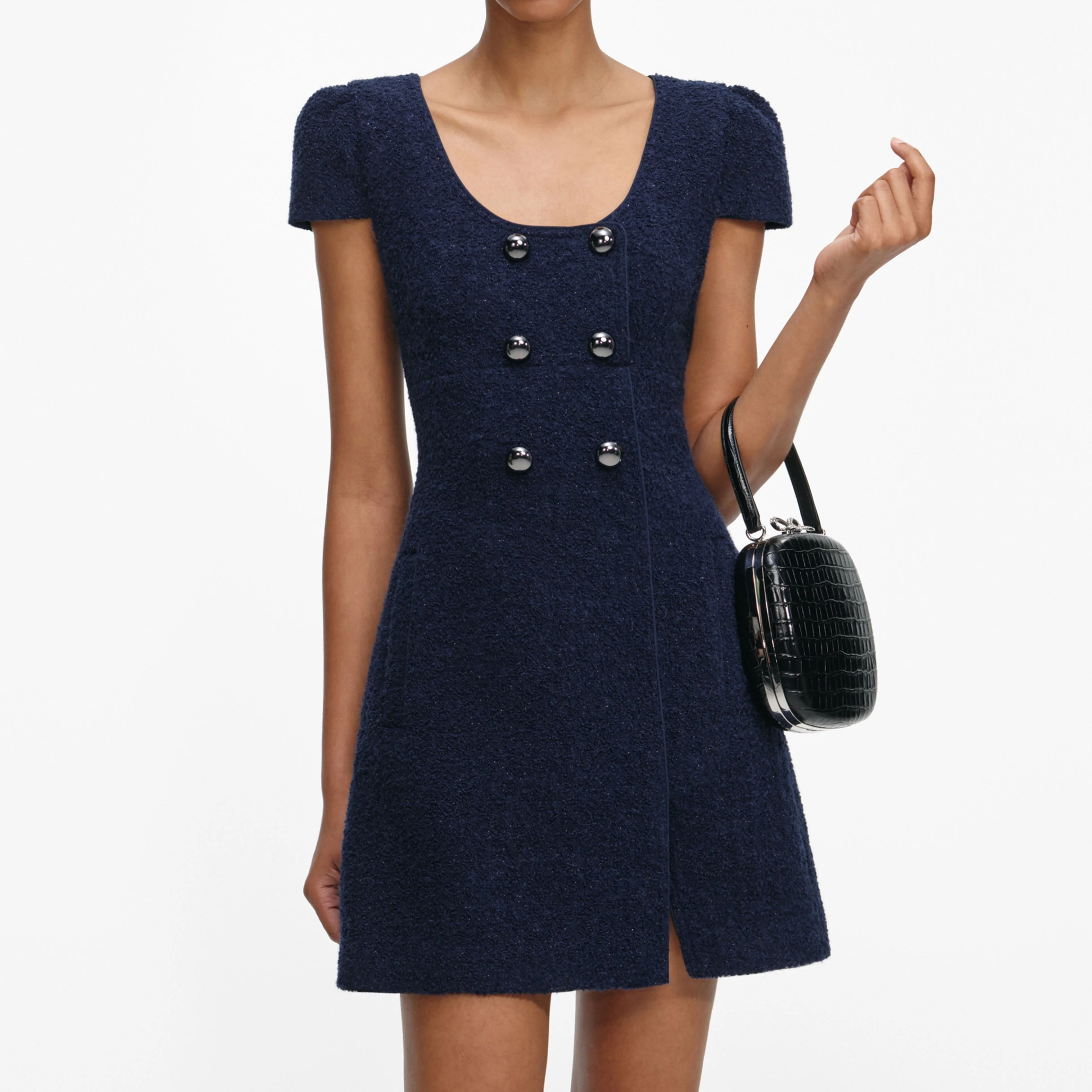 Navy Textured Boucle Mini Dress - Image 4