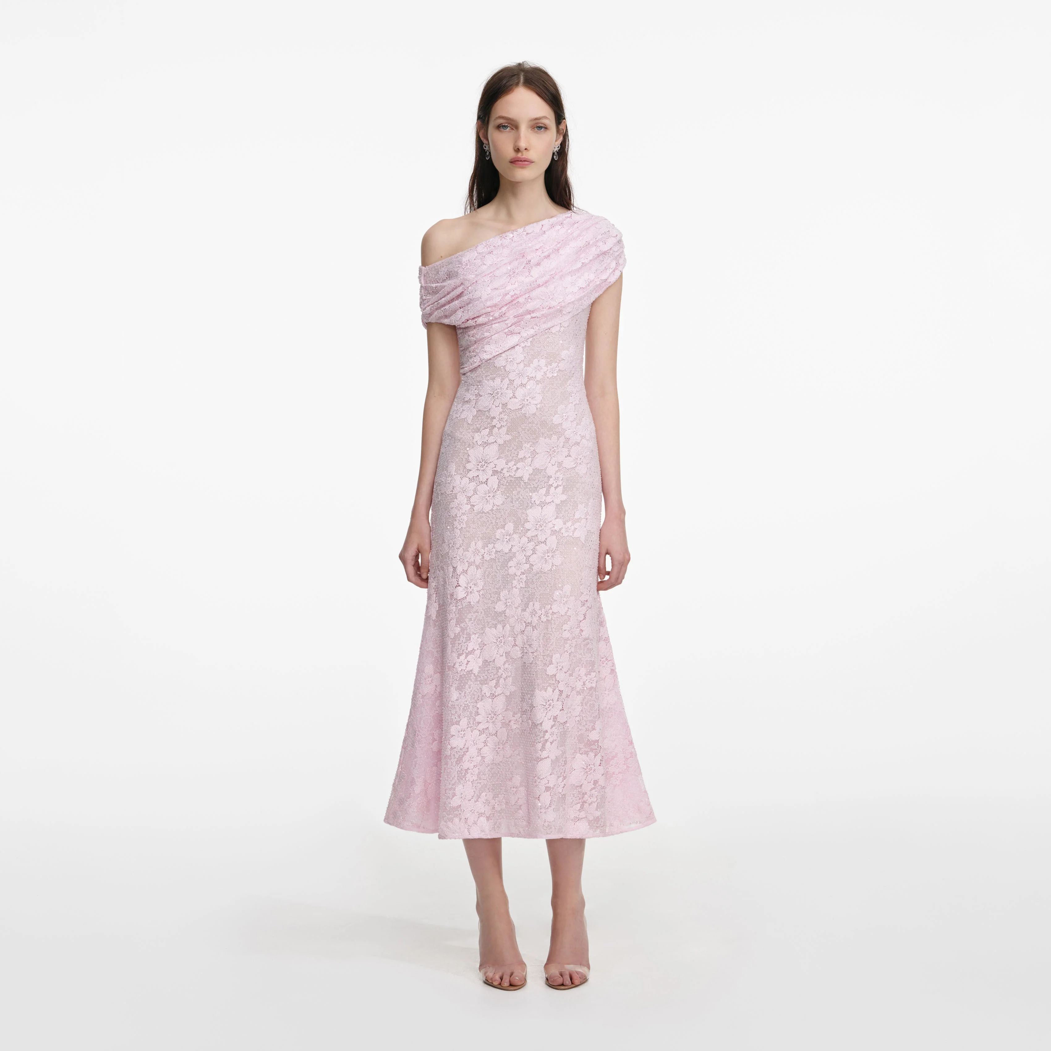 Pink Rhinestone Lace Asymmetric Midi Dress