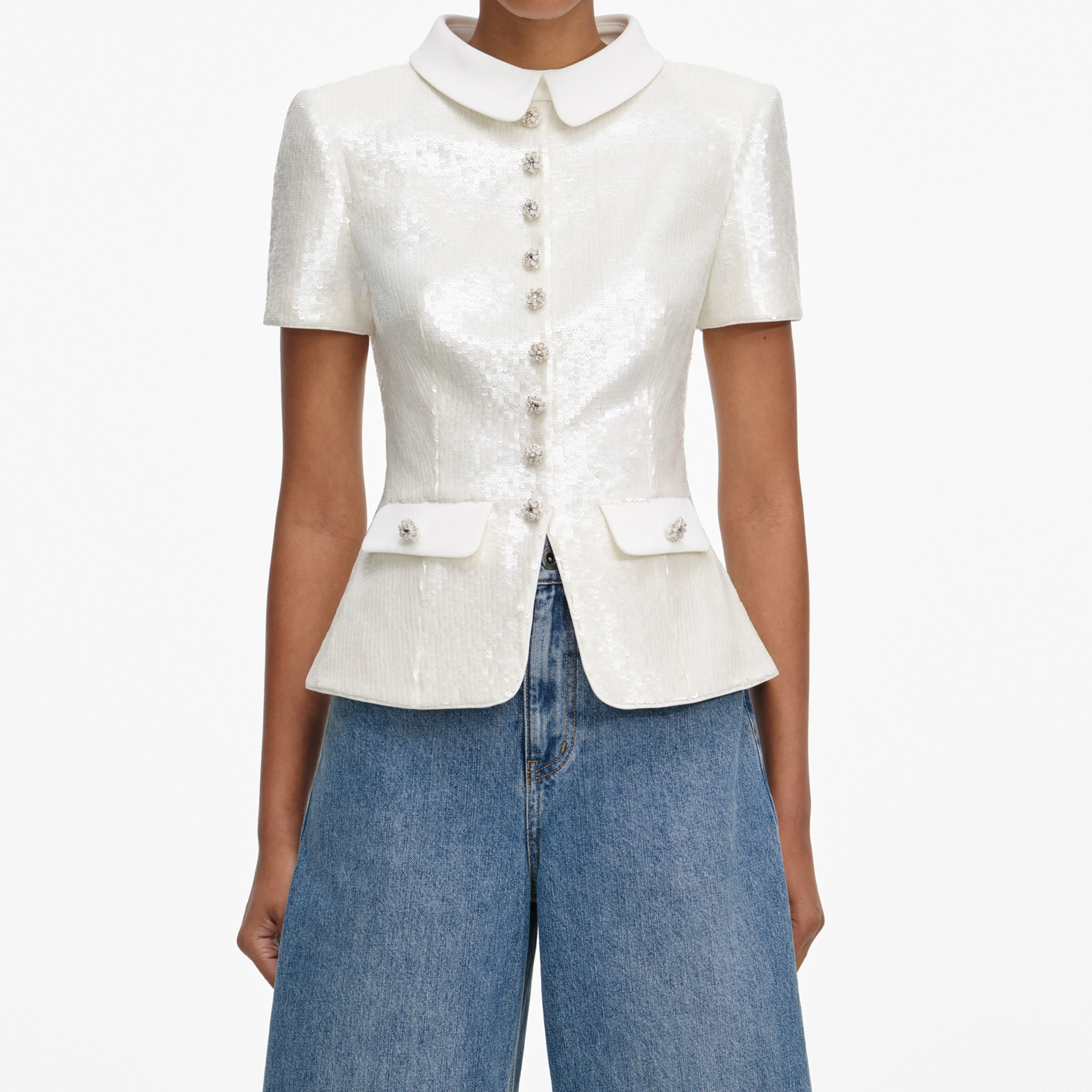 White Sequin Tailored Top - Image 4